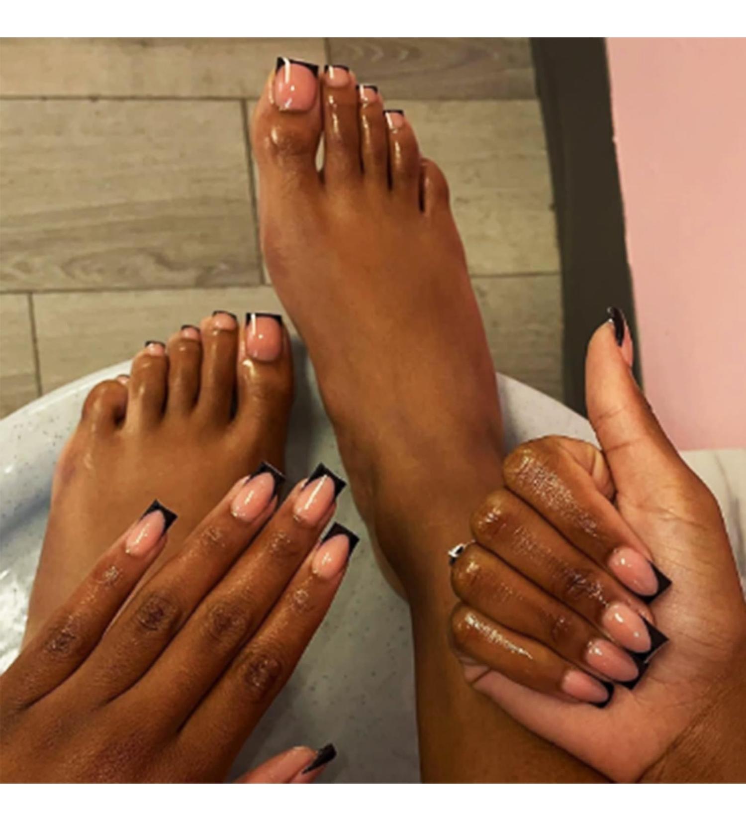 48Pcs Black French Tips Press On Nails & Toes - Glossy Nude Medium Acrylic Fake Nails for Coquette Women | Manicure Art Gel Glue Included - Buy Online on GoSupps.com