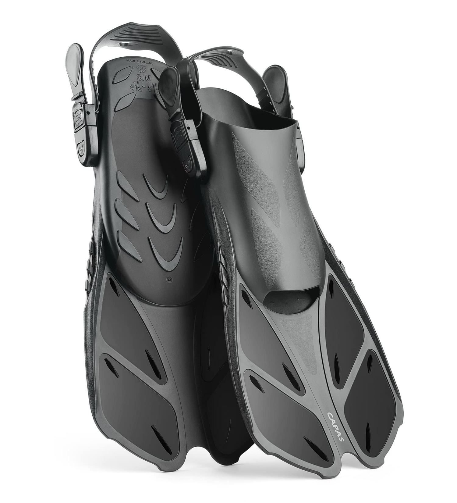 CAPAS Snorkel Fins | Short Adjustable Swim Fins for Snorkeling & Diving | Open Heel Flippers for Adults and Kids | Black L/XL (US Men 9-13 / Women 10-14) - Buy Online on GoSupps.com