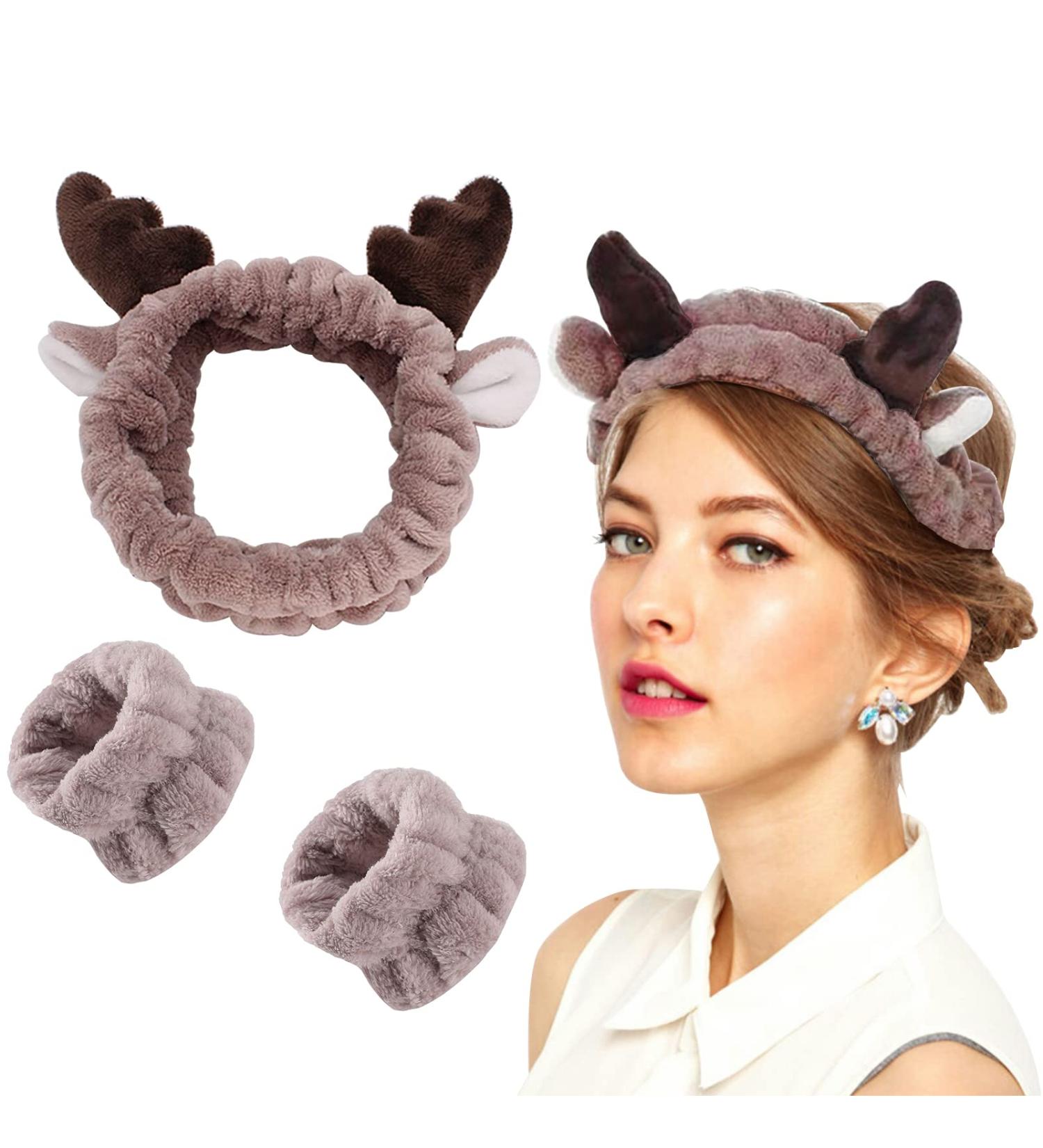 3 Pieces Face Headband and Wrist Straps Set for Washing Face Spa Cute Antler Makeup Headbands Soft Elastic Facial Care hairband Fluffy Headband Wristbands for Women Girls Shower Sports Makeup Bath One Size Coffee - Buy Online on GoSupps.com