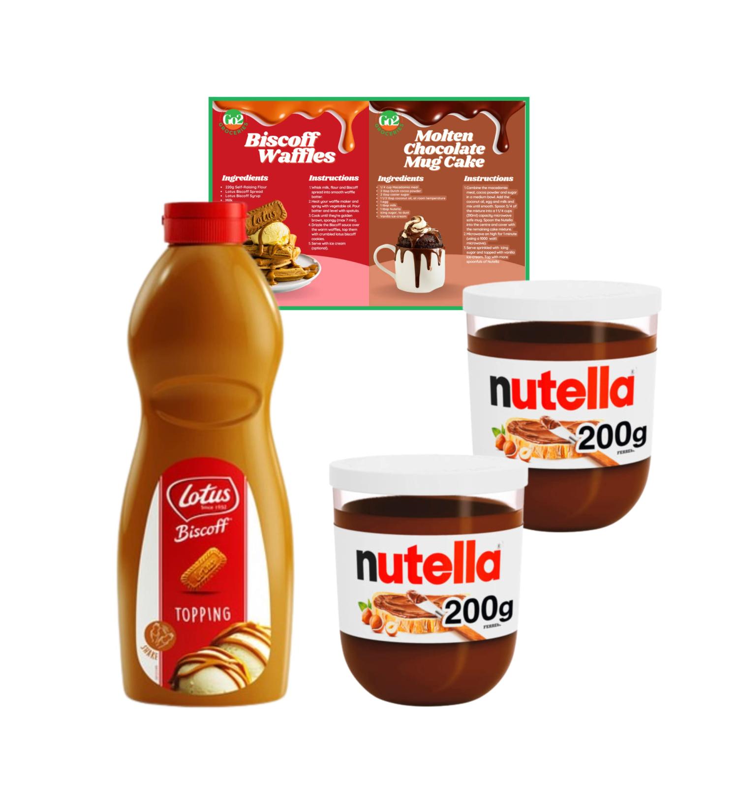 Breakfast Dessert Bundle: Biscoff Topping Sauce (1kg) and 2x Nutella Hazelnut Chocolate Spread (200g each) + Recipe Cards | Go2 Groceries - Buy Online on GoSupps.com