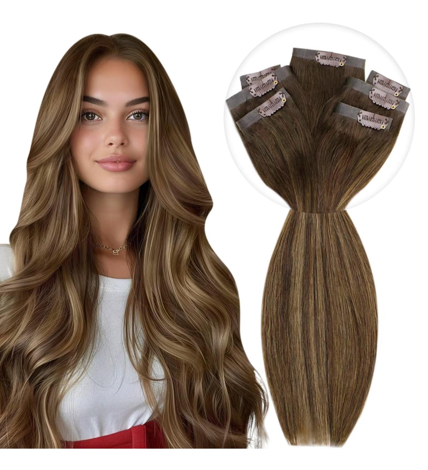 Vivien 55cm Clip-In Real Hair Extensions - 140g Light Blonde Ombre Dark Brown with Caramel Highlights - 7 Pcs 22 Inch #4/27/4 - Buy Online on GoSupps.com
