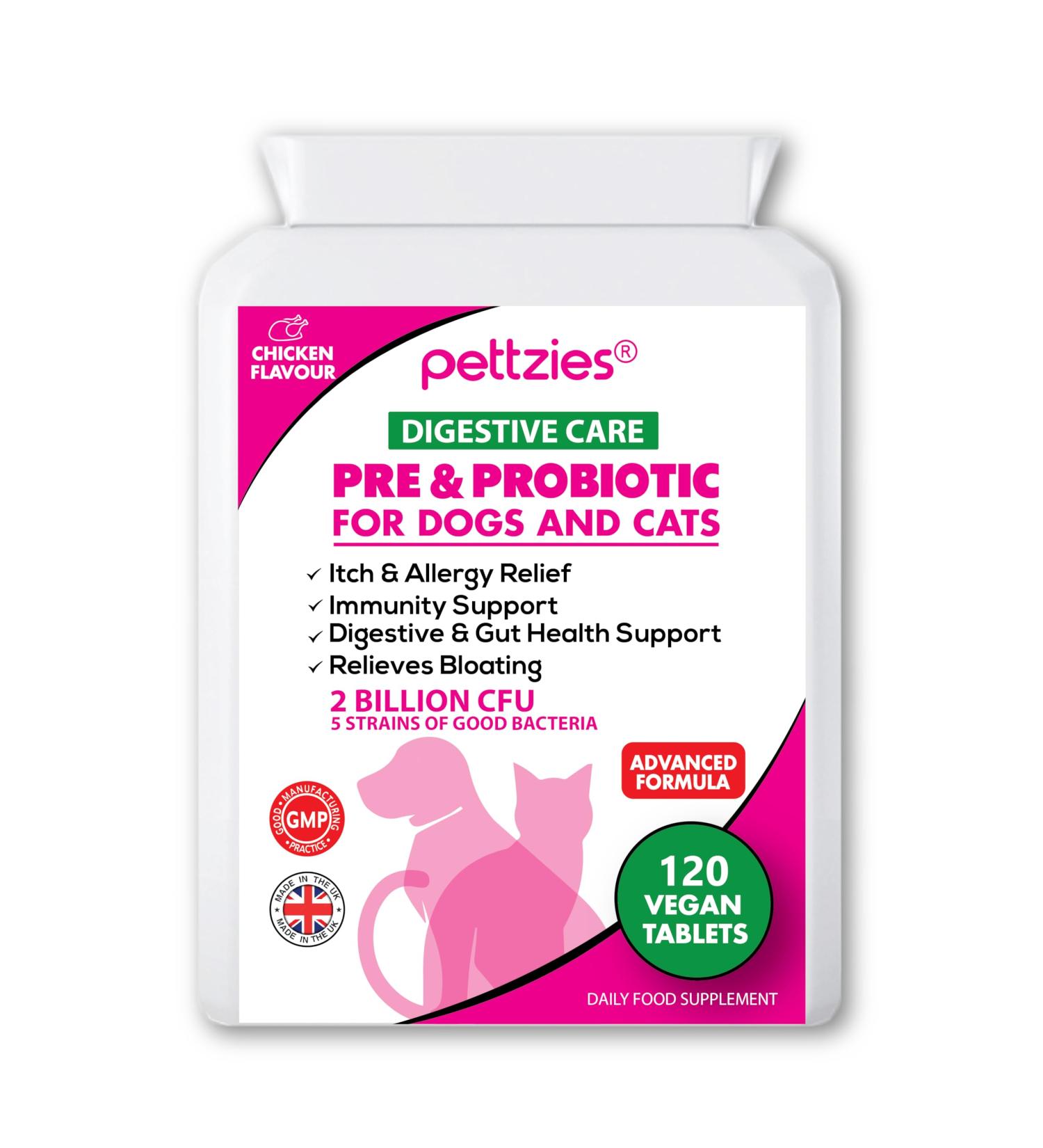 PETTZIES Probiotics For Dogs and Cats - 120 Tablets - Diarrhoea Bad Breath Itchy Skin and Yeast Infection Treatment - Digestive Enzymes for Sensitive Digestion - Canine Prebiotic Dietary Supplements. Pre & Probiotics for Dogs & Cats 120 Tablets - Buy Online on GoSupps.com