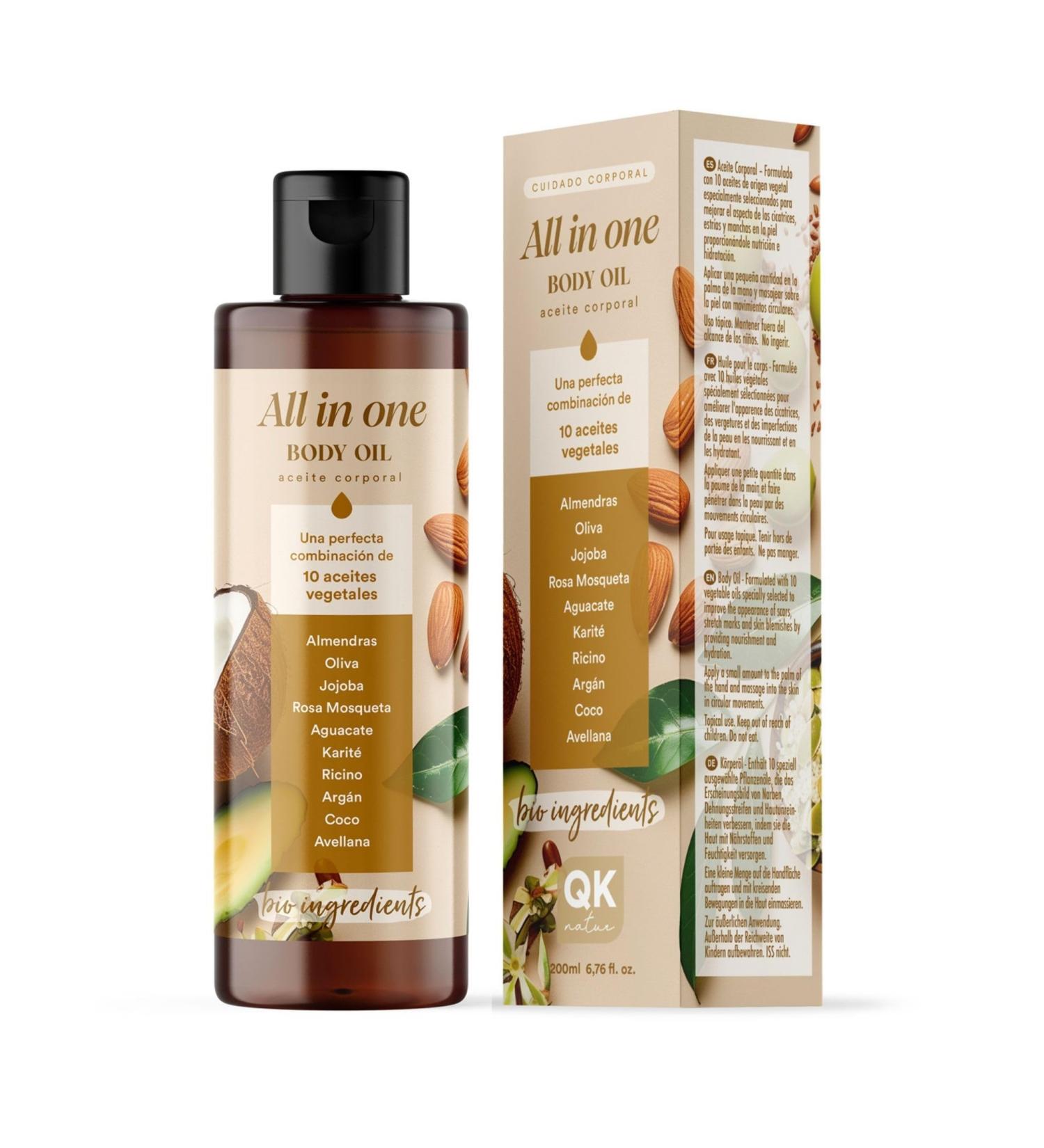 QKnatur - All in One Oil Body Oil for Skin Care - 200ml - Formulated with 10 Plant-Based Oils | Improves the Appearance of Scars | Spot & Stretch Mark Prevention - Buy Online on GoSupps.com
