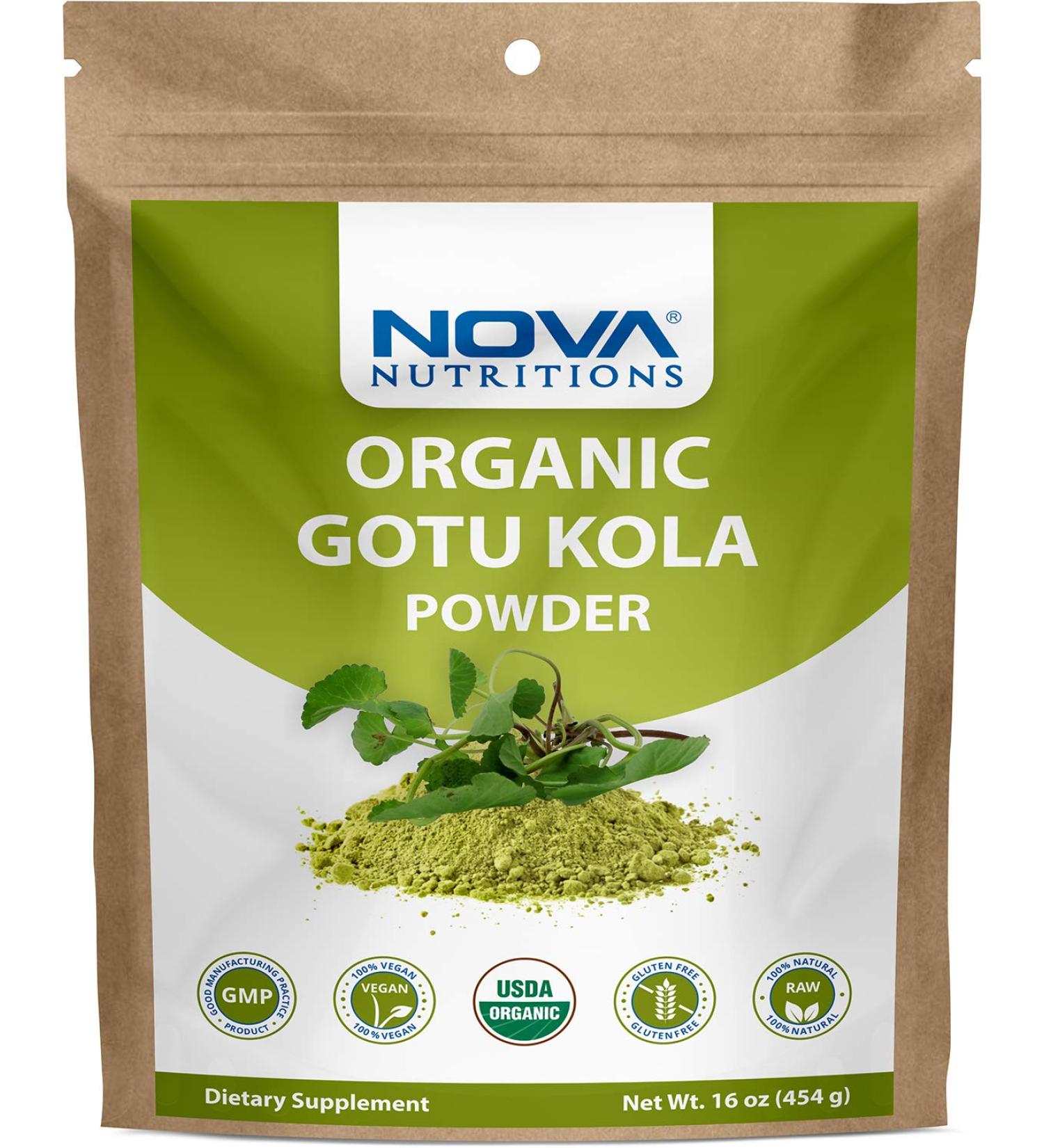Nova Nutritions Certified Organic Gotu Kola Powder 16 OZ (454 gm) - Centella Asiatica Leaf Powder for Herbal Wellness - Buy Online on GoSupps.com