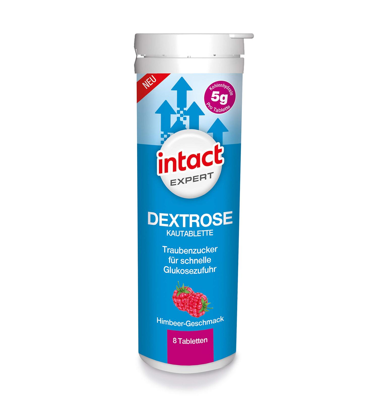 Intact Expert Dextrose PUR 8 Chewing Tablets - Raspberry Flavor for Type 1 & 2 Diabetics | Fast Glucose Intake | 100% Vegan - Buy Online on GoSupps.com