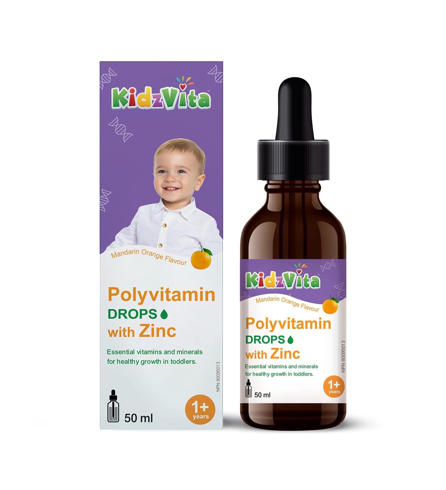 KidzVita - Polyvitamin Drops with Zinc - Multivitamins for 1-3 Years Toddlers 9 Essential Vitamins (Vitamin A Vitamin B Complex C & D3) - Mineral of Zinc - Eyesight Support - Immune Boost - Stronger Bones - Healthy Teeth - Natural Mandarin Orange Flavour  - Buy Online on GoSupps.com