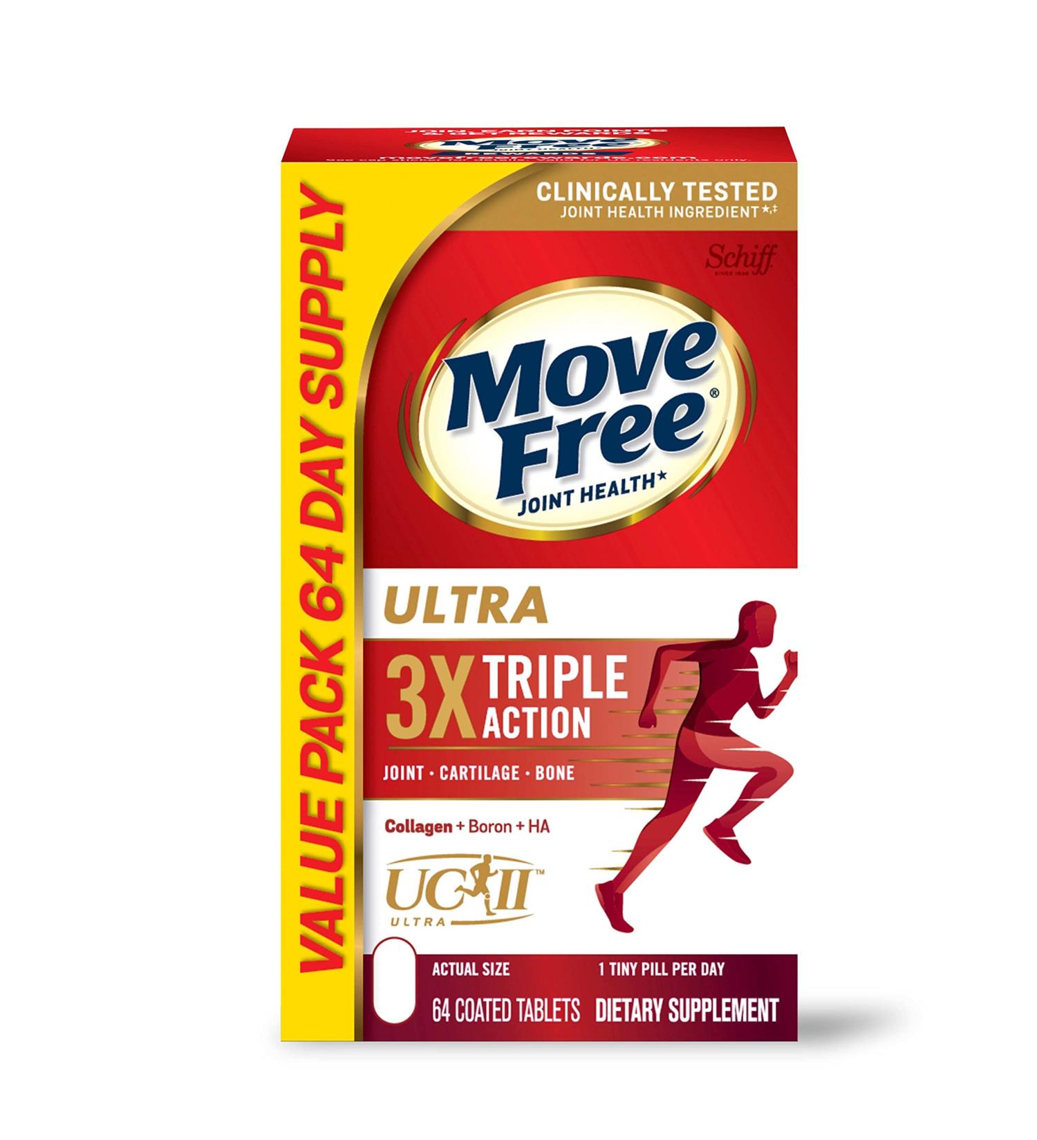 Move Free Ultra Triple Action Joint Support Supplement - 64 Tablets - Type II Collagen, Boron, Hyaluronic Acid - Joint Comfort, Cartilage & Bone Support - 1 Tiny Pill Daily - Buy Online on GoSupps.com