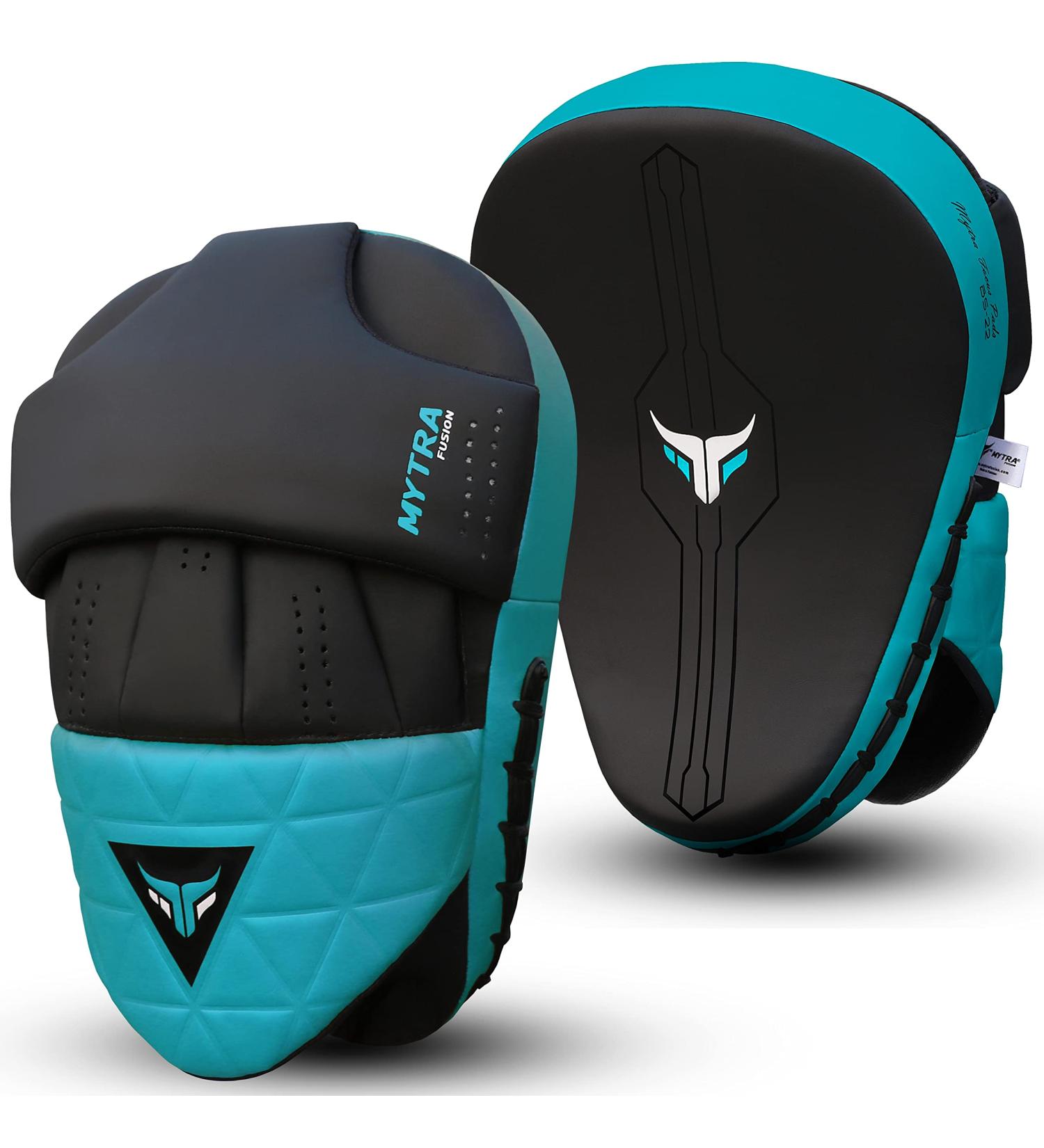Muay Thai Round Boxing Pad Set - Real Leather MMA Kick Pads for Kickboxing & Martial Arts | Black/Turquoise - Buy Online on GoSupps.com