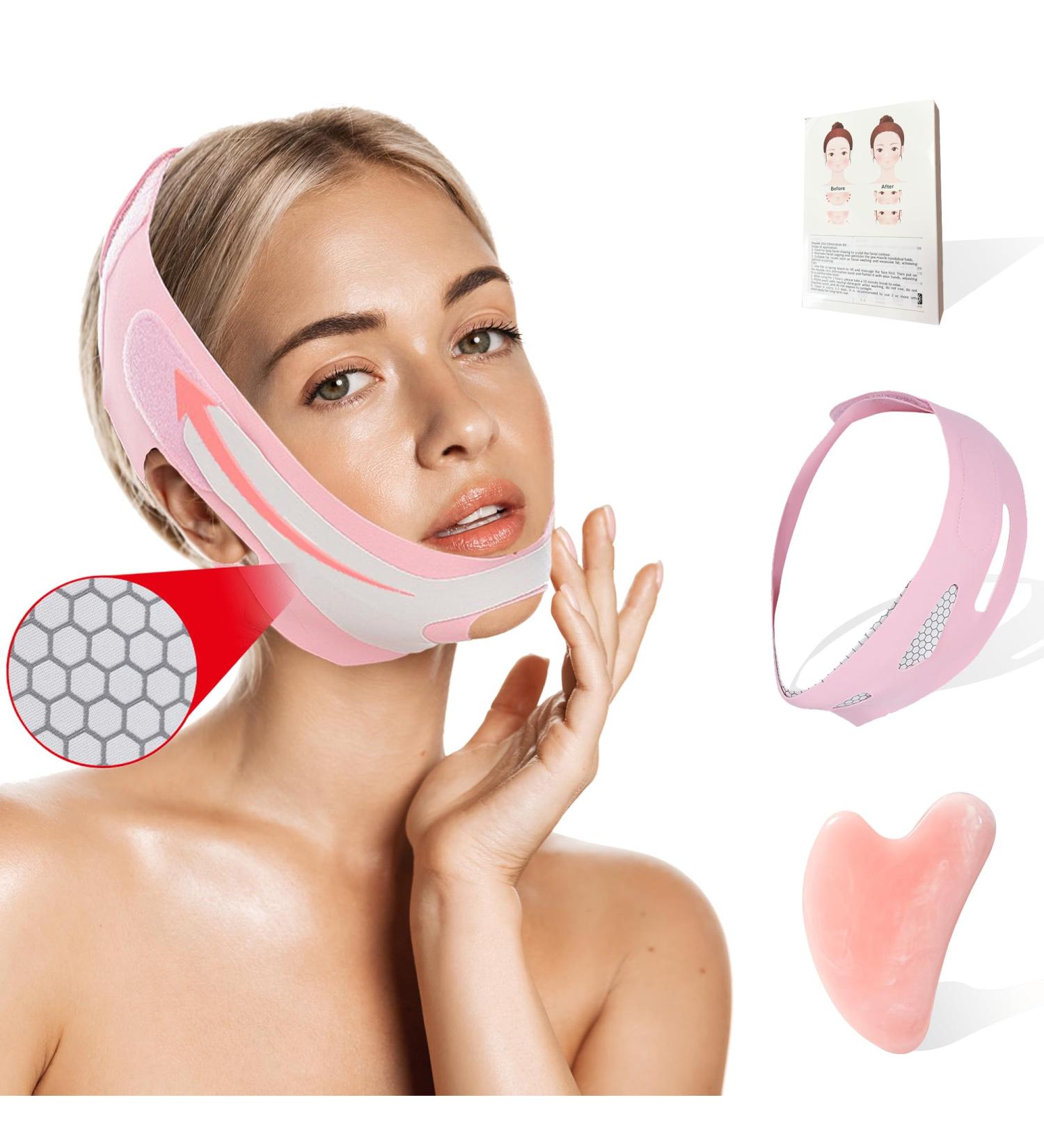 2 in 1 Double Chin Set & V Line Mask - Gua Sha Facial Tool & Sculpting Sleep Mask for Women - Pink - Buy Online on GoSupps.com