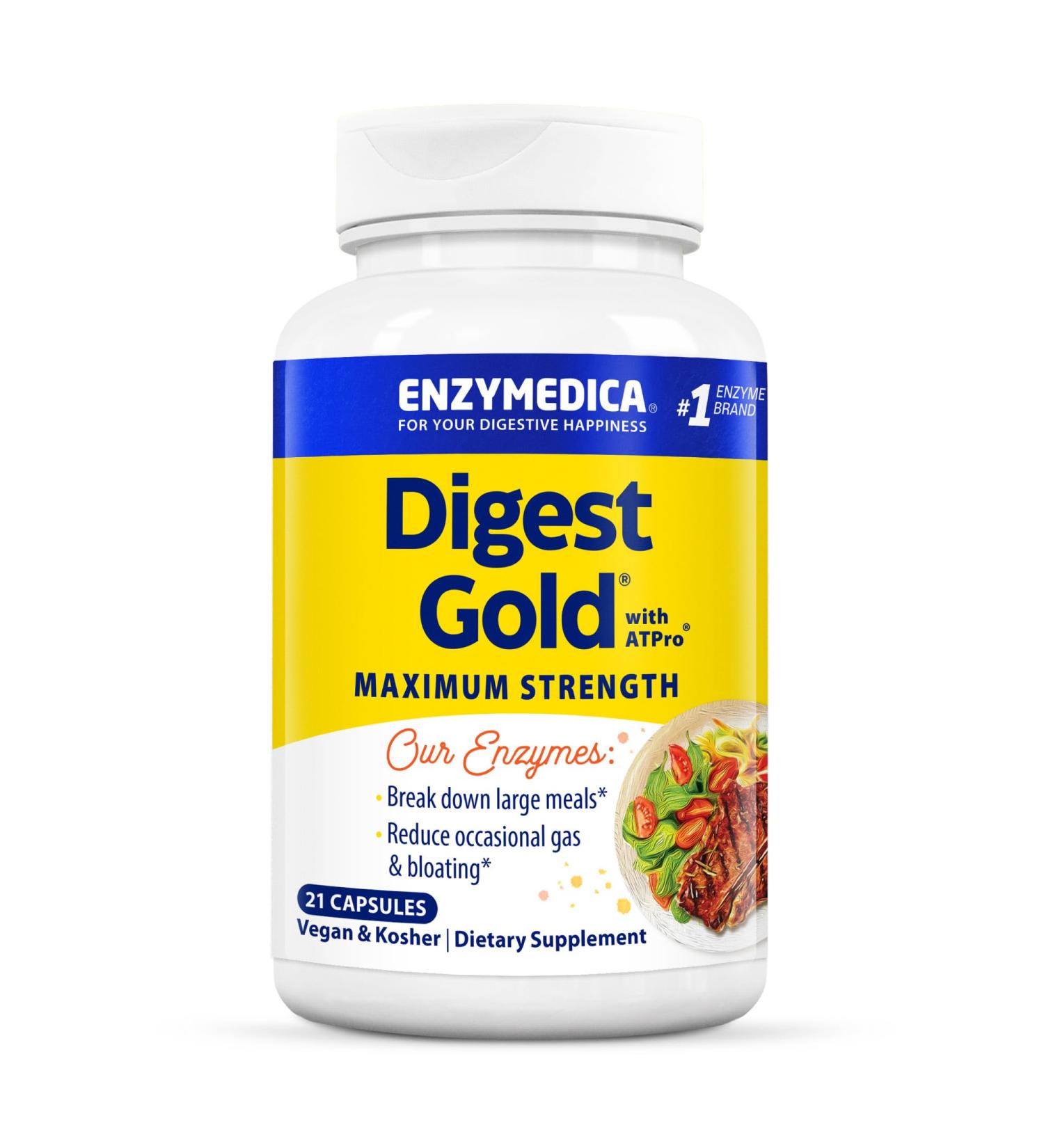 Enzymedica Digest Gold + ATPro Maximum Strength Enzyme Formula Prevents Bloating and Gas 14 Key Enzymes Including Amylase Protease Lipase and Lactase 21 Capsules (FFP) - Buy Online on GoSupps.com