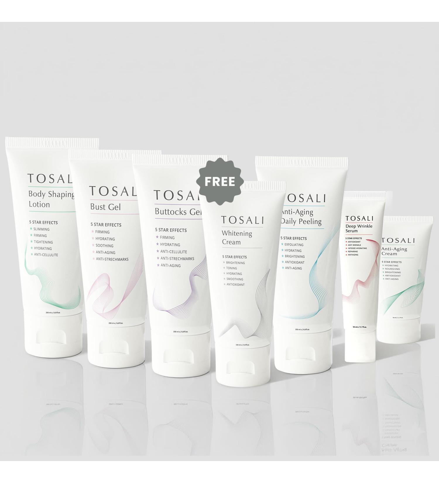Tosali Firming & Skincare Set with Free Nourishing Cream Buttocks Gel Breast Firming Cream Body Lotion Peeling Mask Wrinkle Serum & Face Cream Hydrating Anti-Aging & Skin Tightening - Buy Online on GoSupps.com