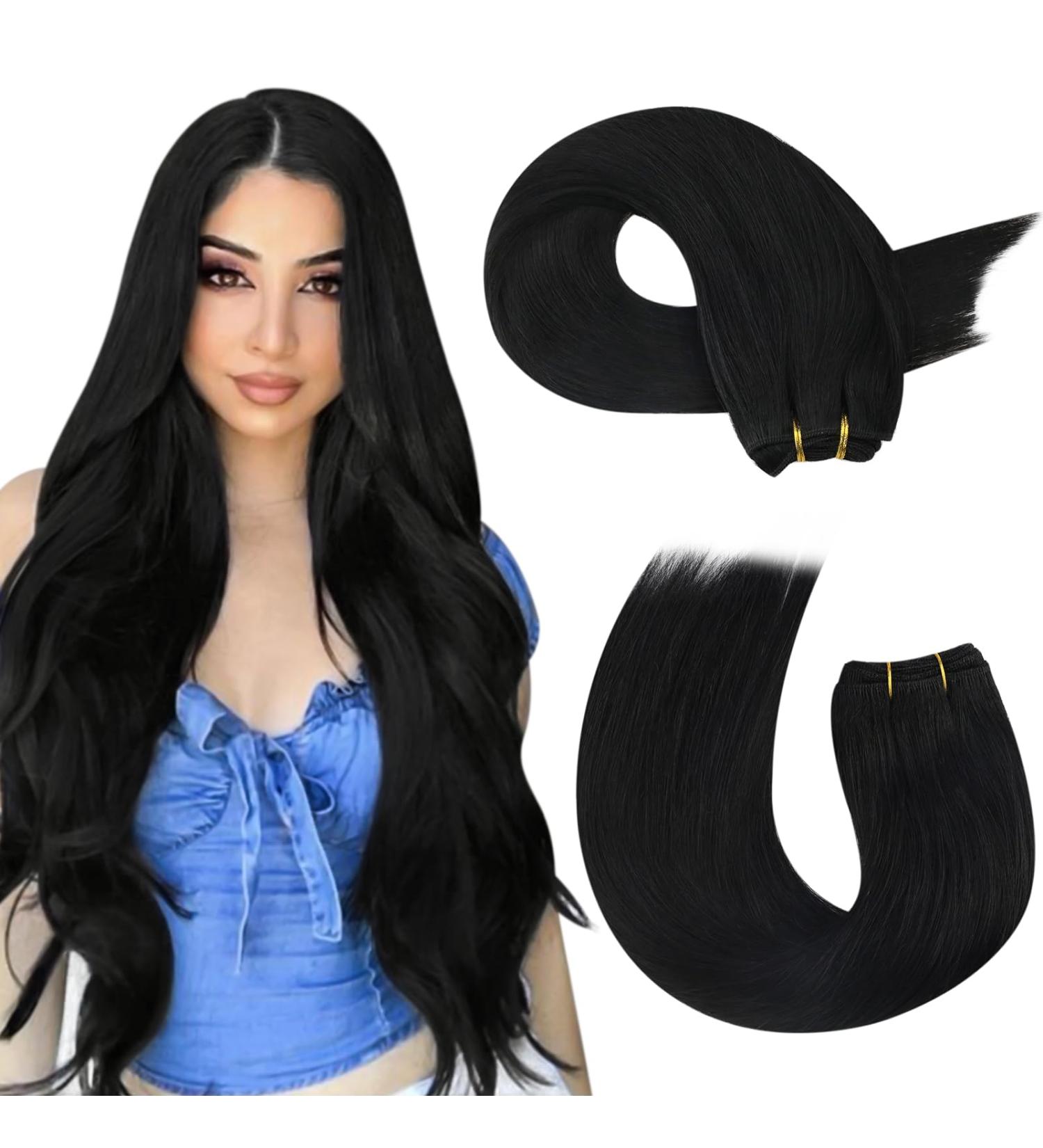 Moresoo Weft Hair Extensions Real Human Hair Black Sew in Hair Extensions Jet Black Double Weft Human Hair Extensions 100g/Pack 20 Inch #1 20 Inch(Pack of 1) WEFT #1 - Buy Online on GoSupps.com