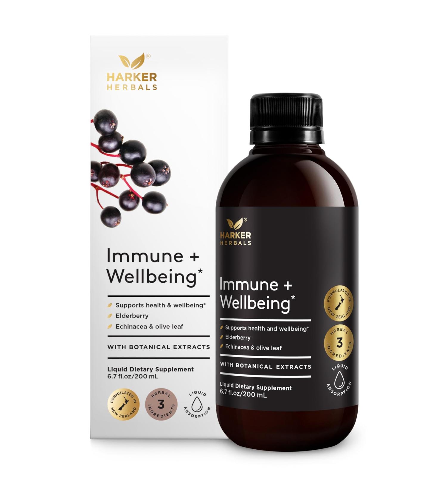 Harker Herbals Immune + Wellbeing Syrup Herbal Formula with Elderberry Echinacea & Olive Leaf High Absorption Wild Berry Flavor Plant-Based - 6.7 Fl oz (40 Servings) - Buy Online on GoSupps.com