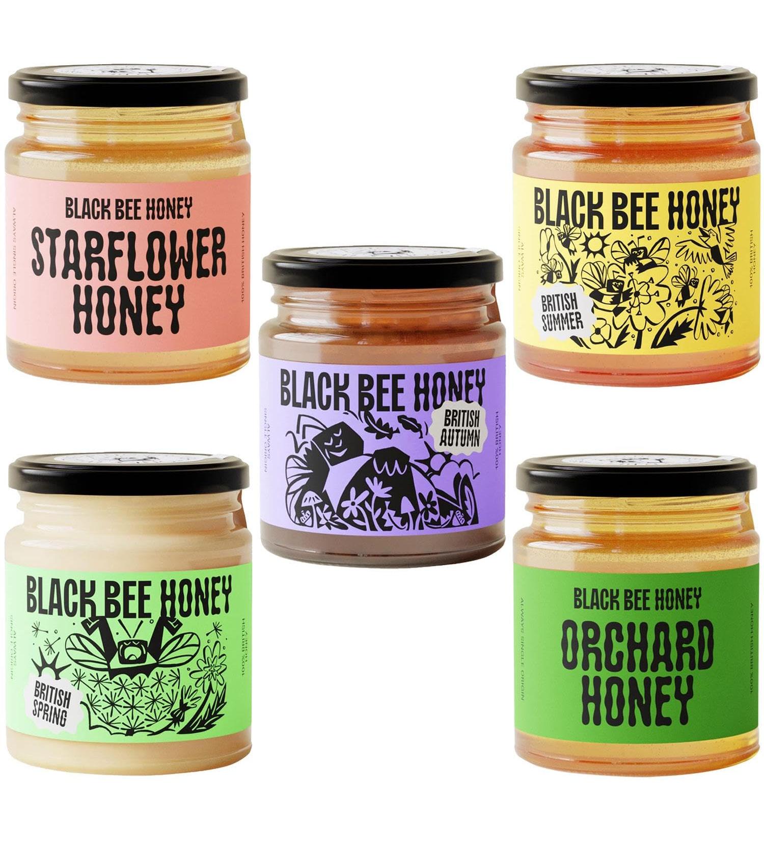 Black Bee Honey British Pick N Mix - Choose From 5 Flavours | Spring Summer Autumn Orchard and Starflower - Pure and Natural Single-Origin British-UK Honey-Jam - Pack of 4 x 227g Glass jar 227 g (Pack of 4) - Buy Online on GoSupps.com