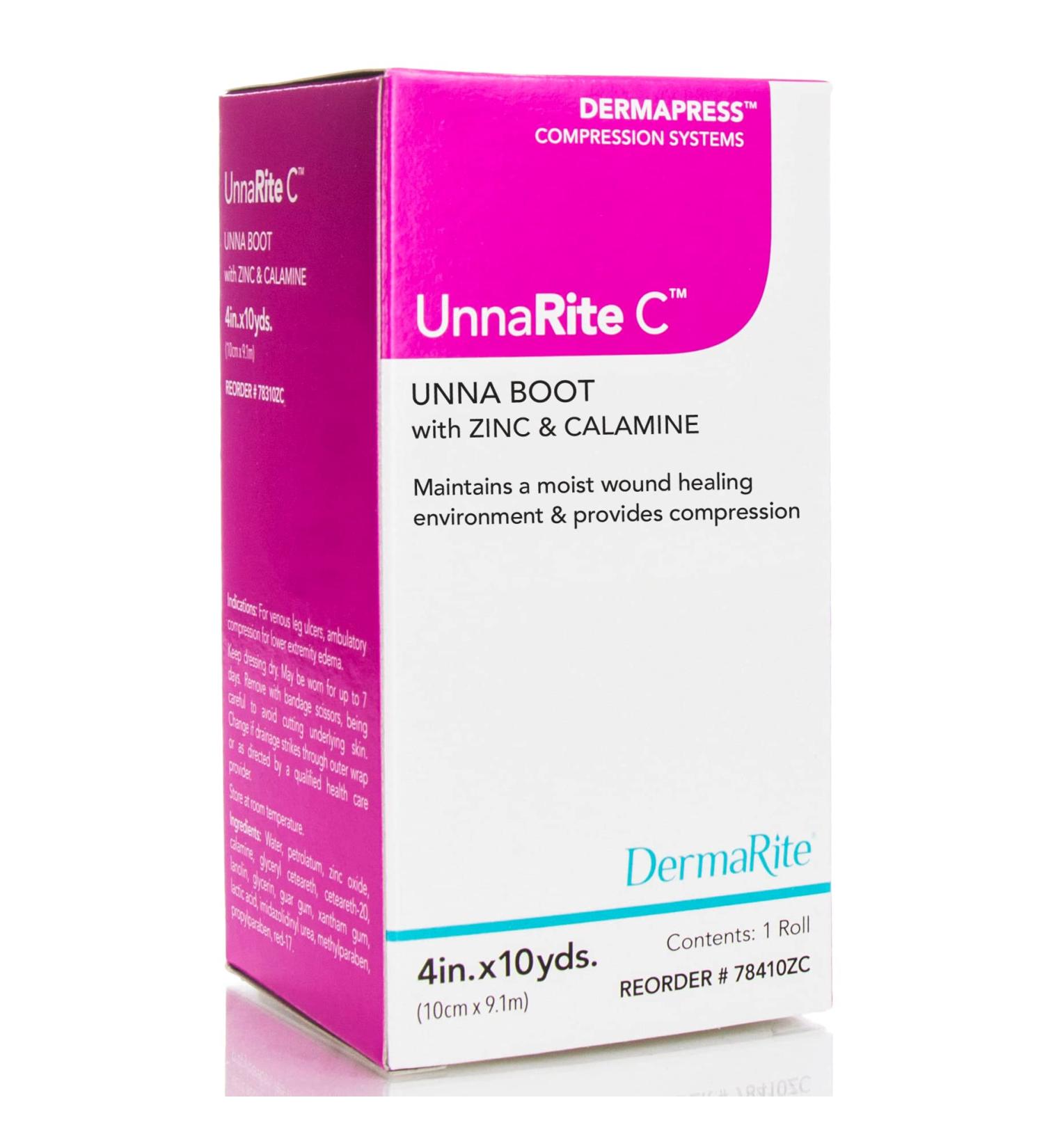 UnnaRite Unna Boot Bandage with Zinc Oxide and Calamine 4 Inch x 10 Yards 1 Roll Leg Compression Wrap 4x10
