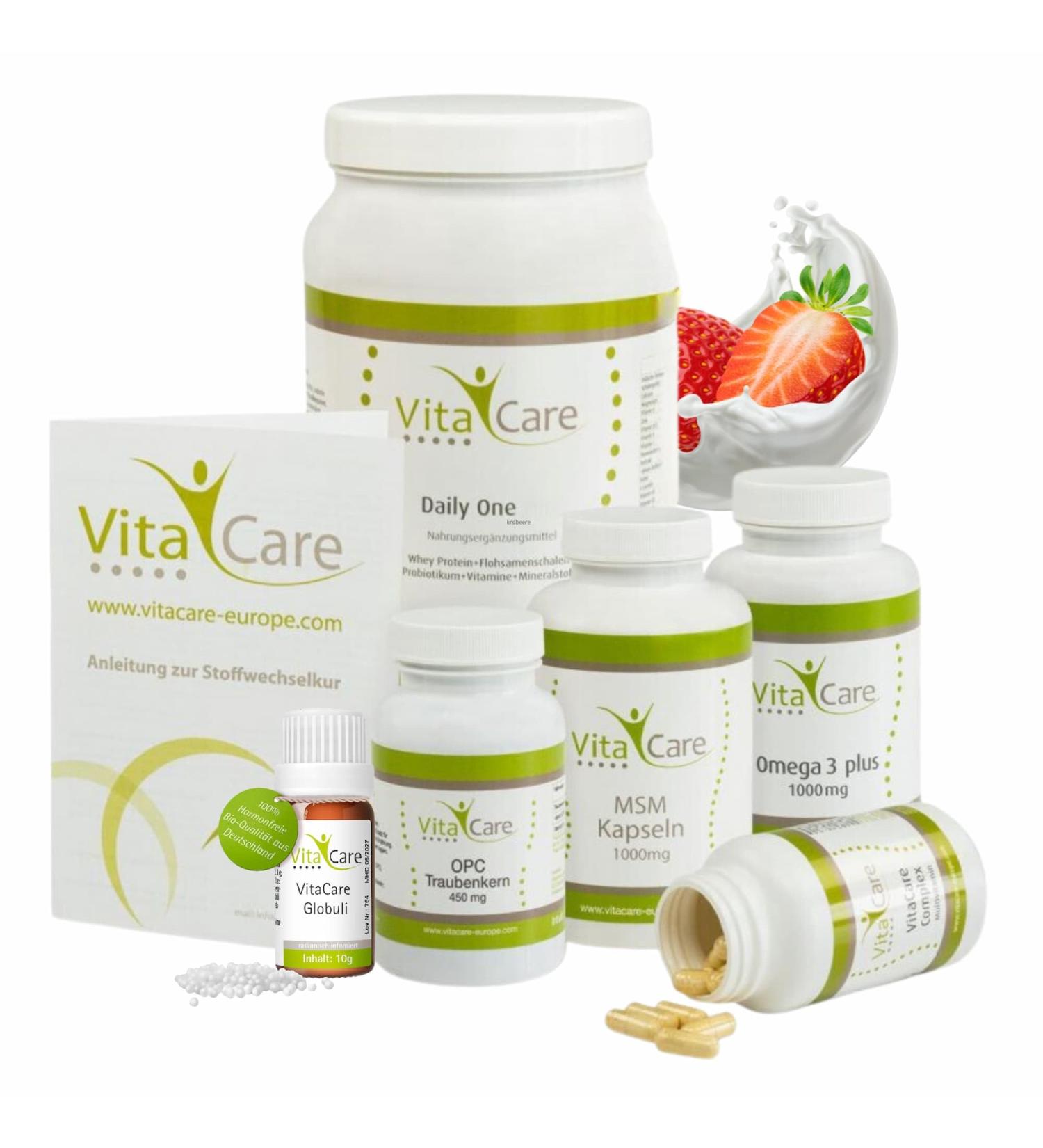 Vitacare 21-Day Metabolism Strawberry Kit | HCG Diet Complete Package with Protein Shake MSM Multivitamin Omega 3 OPC & Globuli - International Shipping Available - Buy Online on GoSupps.com