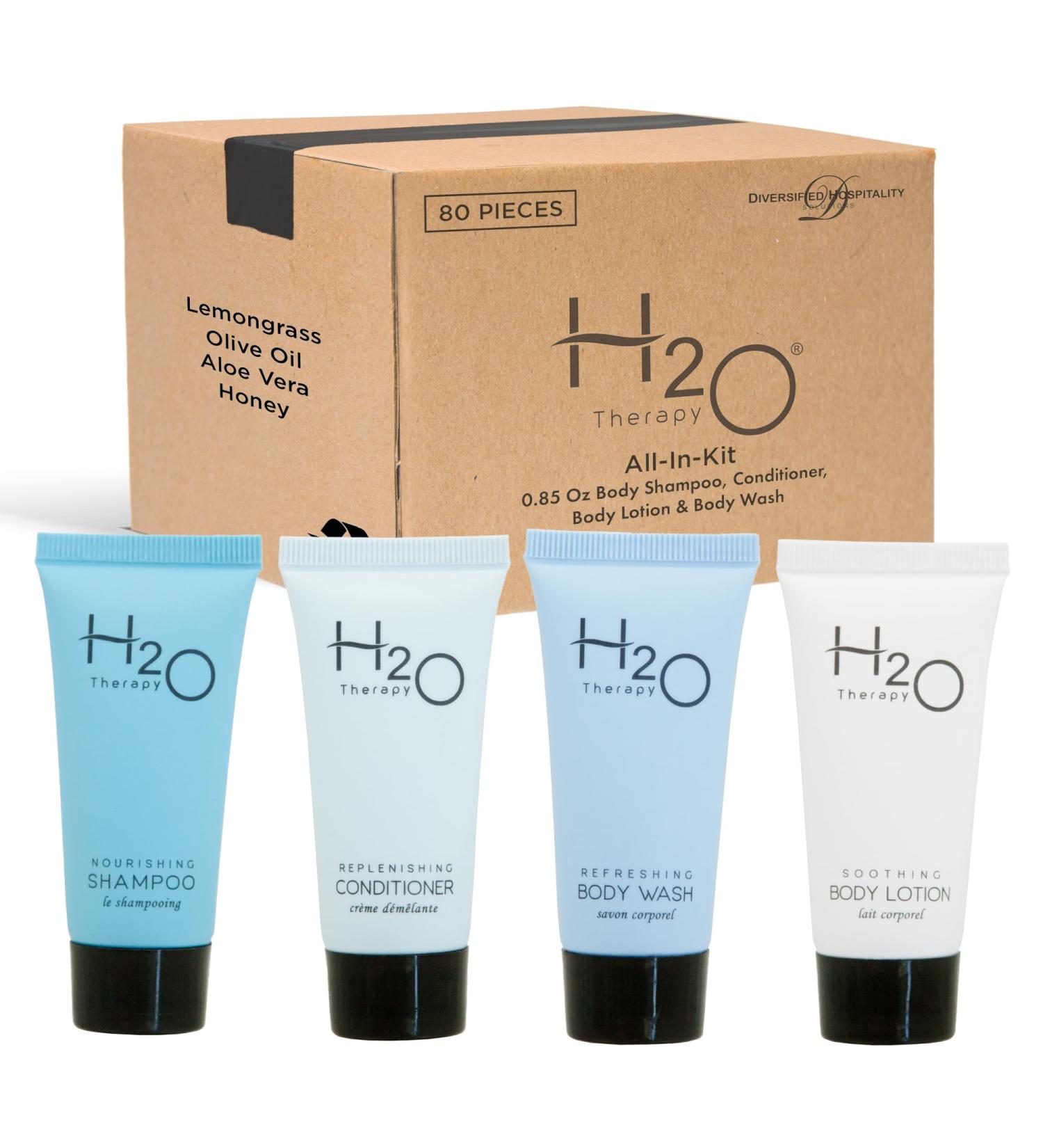 H2O Therapy Hotel Soaps & Toiletries Bulk Set | 80-Piece All-In-Kit for Hotels & Airbnb | Travel Size Shampoo Conditioner Body Wash & Lotion - .85oz - Buy Online on GoSupps.com