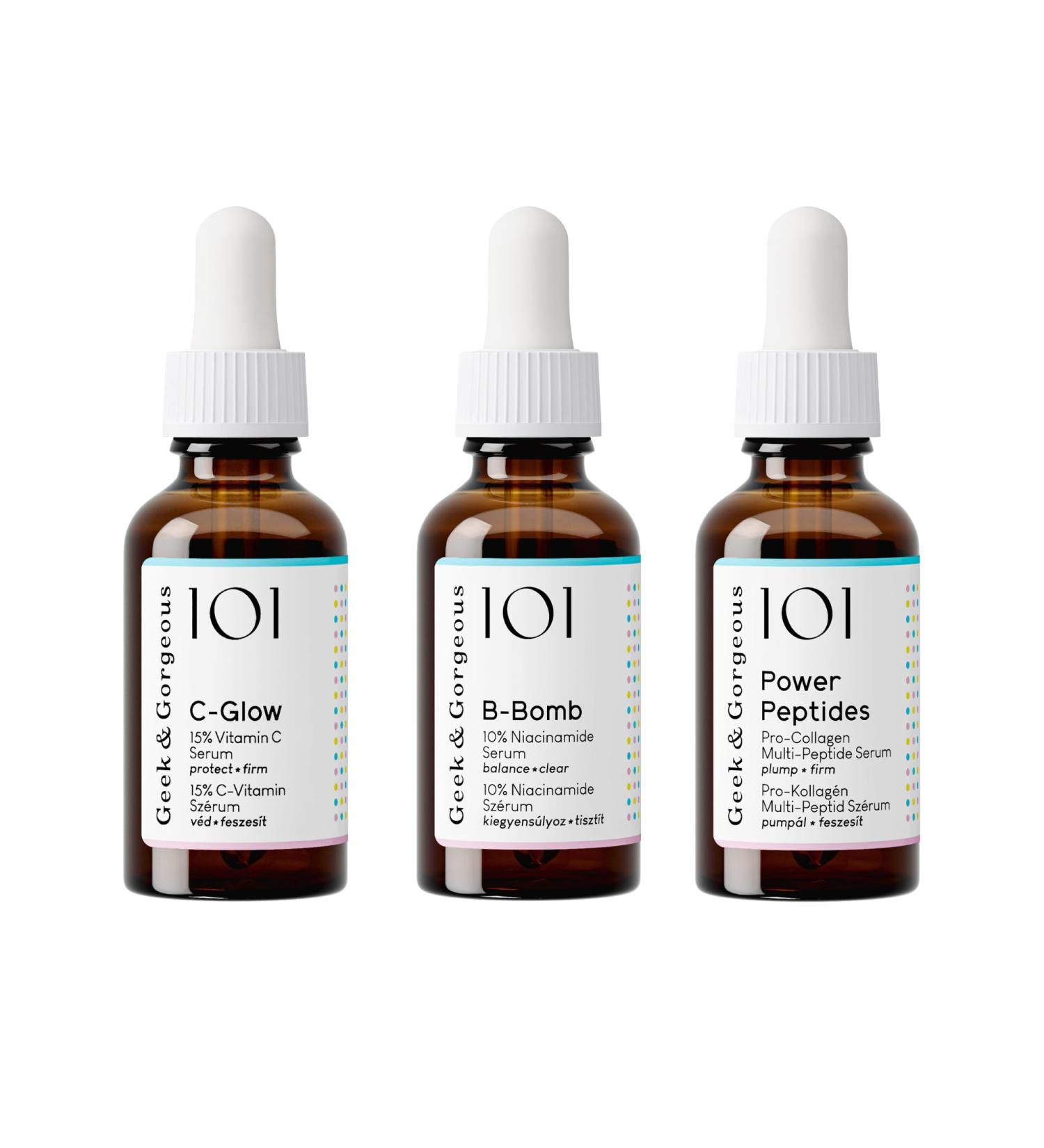 Geek & Gorgeous All-Star Skincare Bundle C-Glow Vitamin C Serum Power Peptides and B-Bomb Niacinamide Brighten Firm & Balance For All Skin Types 3 x 1 oz - Buy Online on GoSupps.com