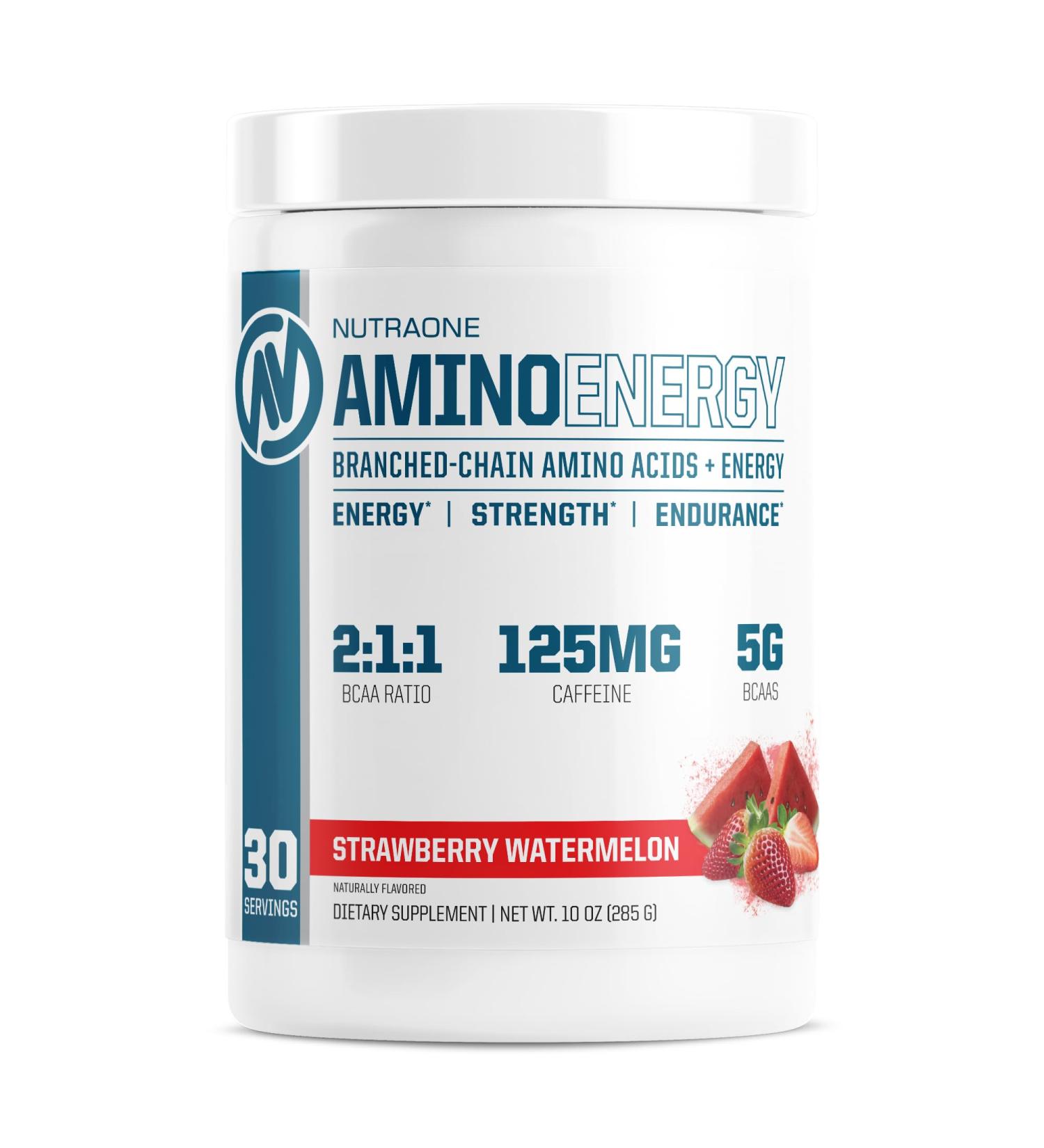 NutraOne Amino Energy BCAA Powder - Best Pre-Workout Supplement with Caffeine Strawberry Watermelon Flavor 30 Servings | Boost Energy & Recovery - Buy Online on GoSupps.com