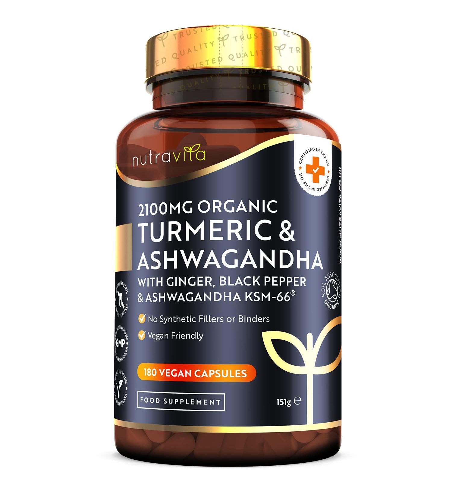 Organic Turmeric & Ashwagandha KSM-66 with Ginger & Black Pepper - 180 Vegan Capsules - Nutravita UK - Ayurveda Supplement - Buy Online on GoSupps.com