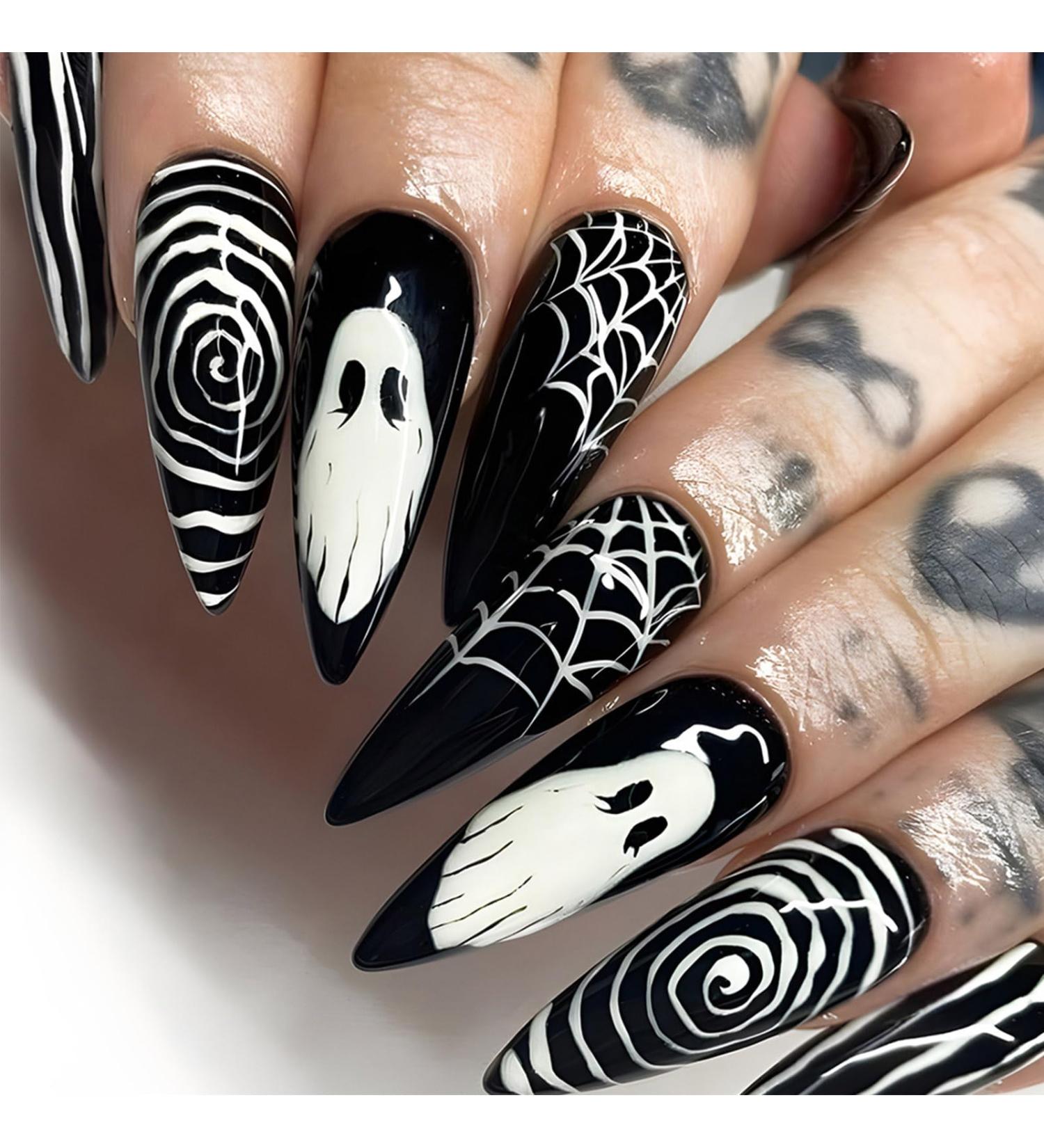Ghost Face Press On Nails - 24Pcs Glossy White Spider Web Stiletto Halloween Nails | Full Cover Gel Glue-On Acrylics for Women & Girls - Buy Online on GoSupps.com
