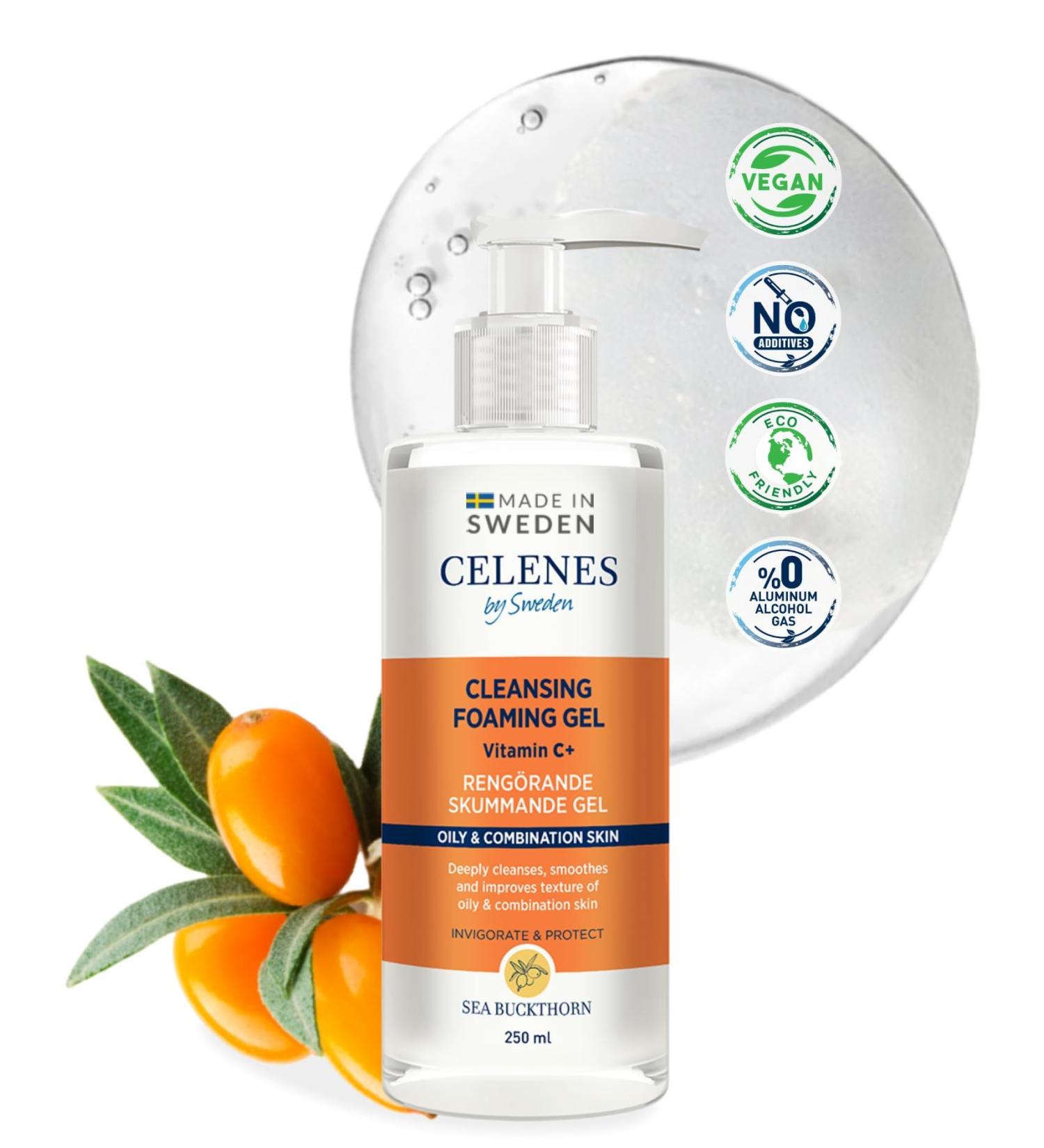 Celenes by Sweden Sea Buckthorn Gel Facial Cleanser - Foaming Cleanser Facial Wash 250ml - Vegan Mens Face Wash & Face Wash Women Vitamin C Face Wash for Oily Skin & Comb. Skin Paraben/Alcohol-Free Sea Buckthorn For Oily & Comb. Skin - Buy Online on GoSupps.com