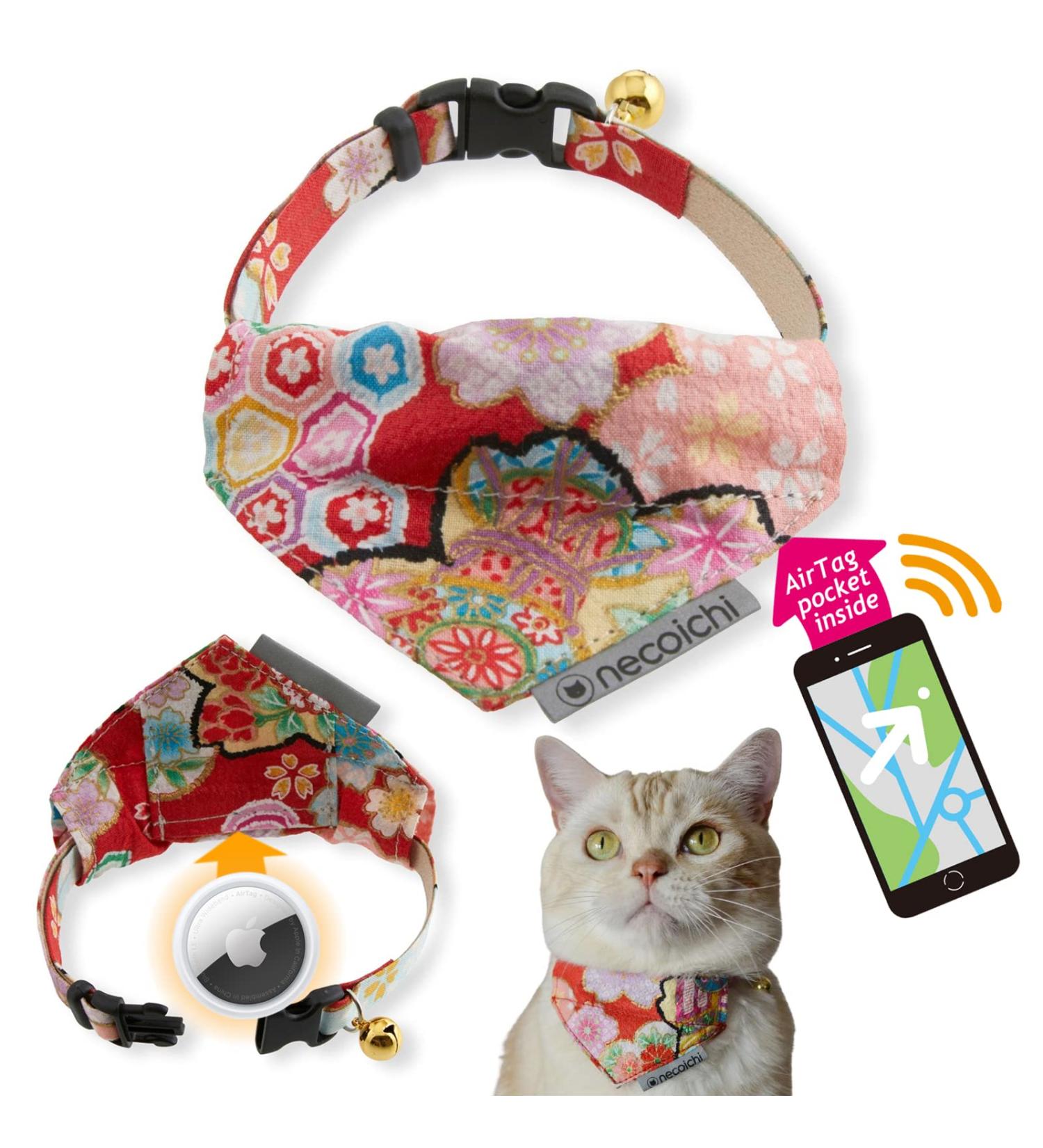 Necoichi Bandana Cat Collar with AirTag Pocket Tracker - Blossoms Red - Buy Online on GoSupps.com