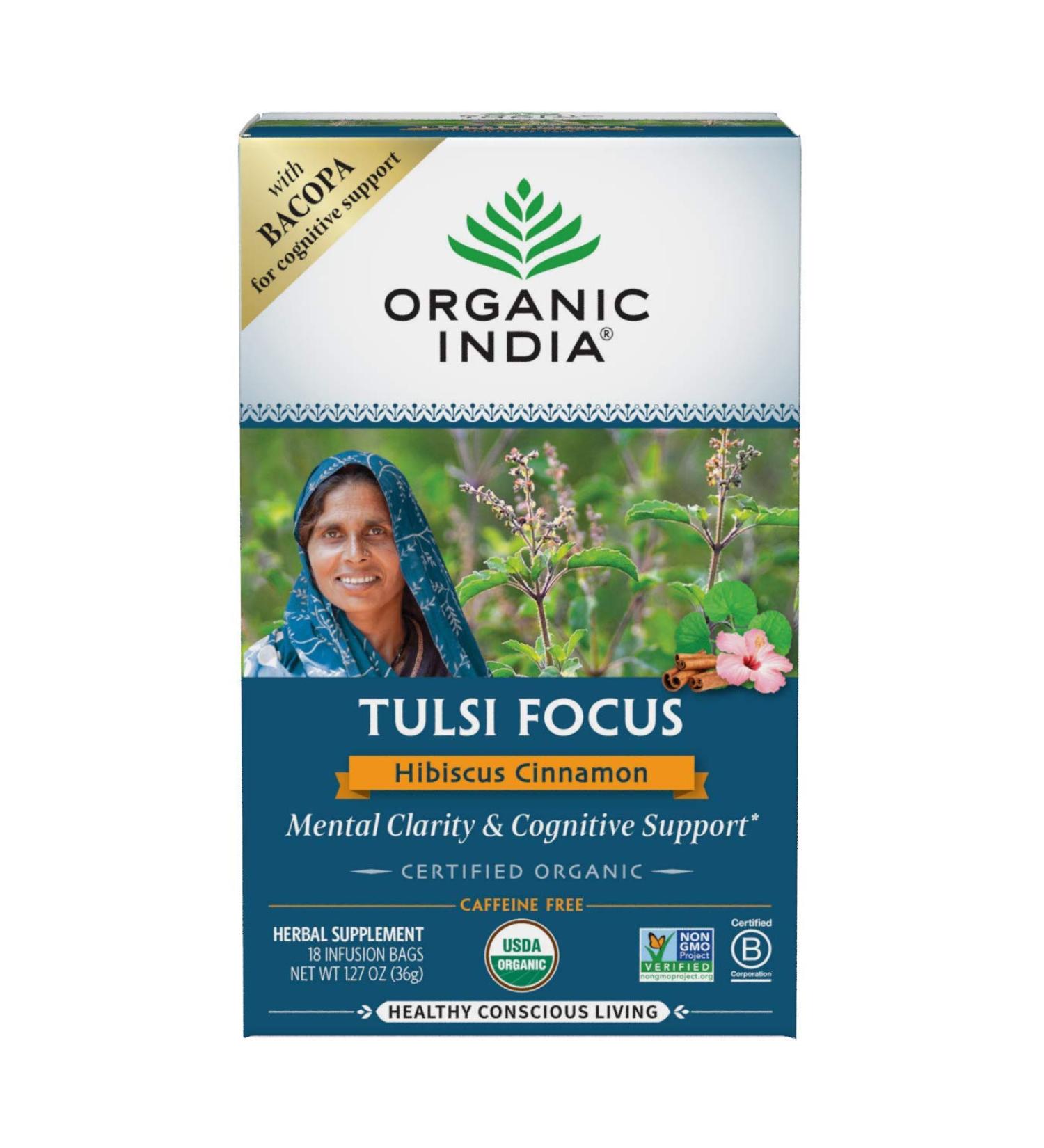 Organic India Tulsi Focus Tea - Bacopa, Hibiscus, Caffeine Free, 18 Infusion Bags - Buy Online on GoSupps.com