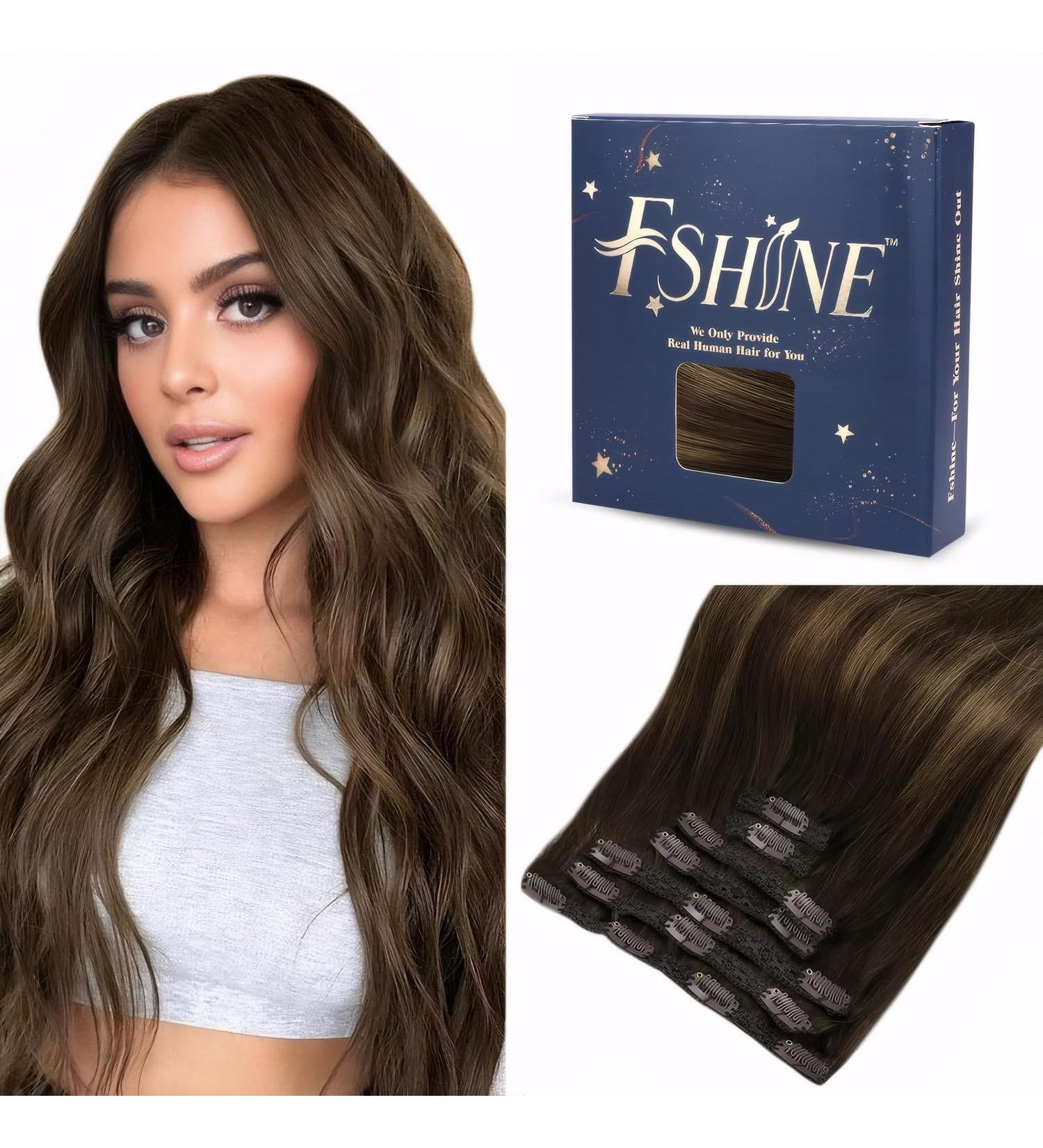 FSHINE 120G Real Hair Clip Extensions - Dark Brown 50cm Double Weft - Full Head 7 Pieces - Premium Quality Hair Extensions for Christmas #2/8/2 #2/6/2 - Buy Online on GoSupps.com
