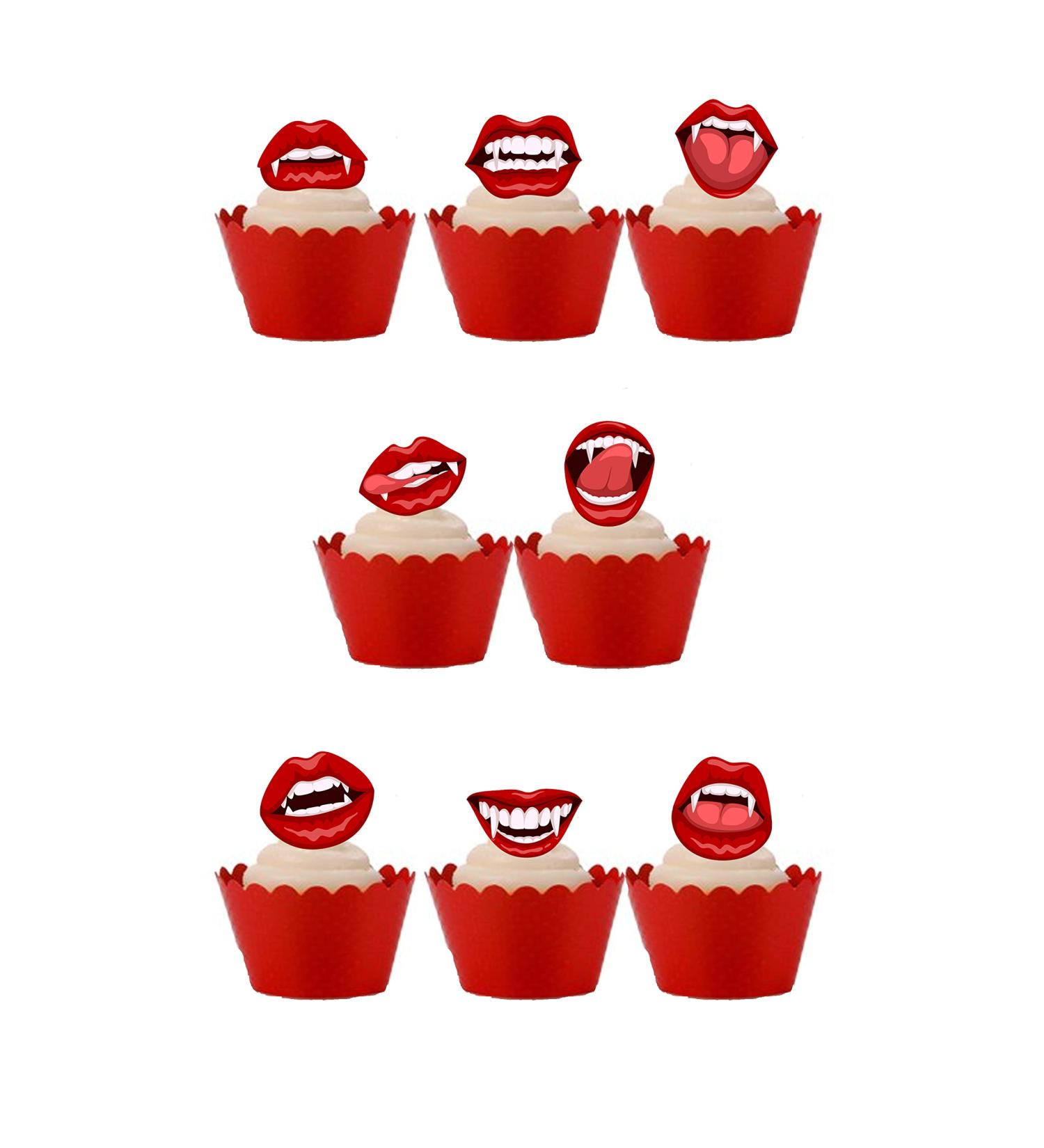 30 Stand Up Halloween Vampire Mouth Lips Fangs Themed Edible Wafer Paper Cake Toppers Decorations