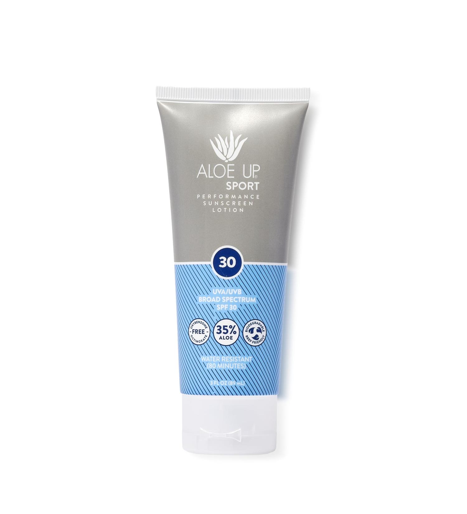 Aloe Up Sport Sunscreen Lotion SPF 30 - Broad Spectrum UVA/UVB Sunscreen Protector for Face and Body - With Hydrating Aloe Vera Gel - Non-Greasy - No White Cast - Reef Safe - Fragrance-Free - 3 Oz. - Buy Online on GoSupps.com