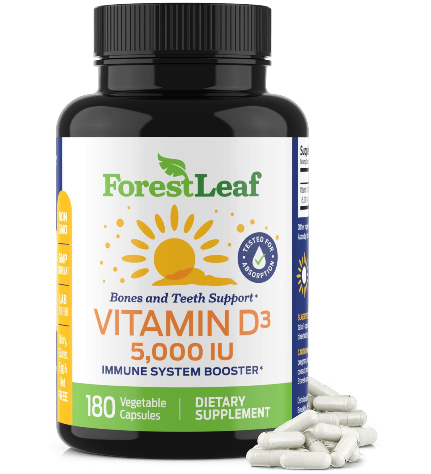 ForestLeaf Vitamin D3 5000 IU Supplement - 180 Vegetable Capsules for Bone, Teeth, and Immune Support - Buy Online on GoSupps.com