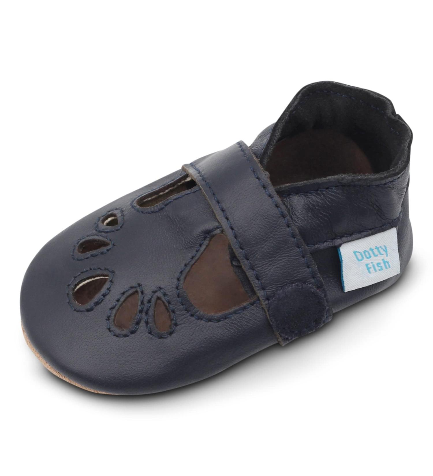Dotty Fish Soft Leather Baby T-Bar Shoes for Girls | Non-Slip Suede Soles | Navy Blue | 0-6 Months - 2-3 Years - Buy Online on GoSupps.com