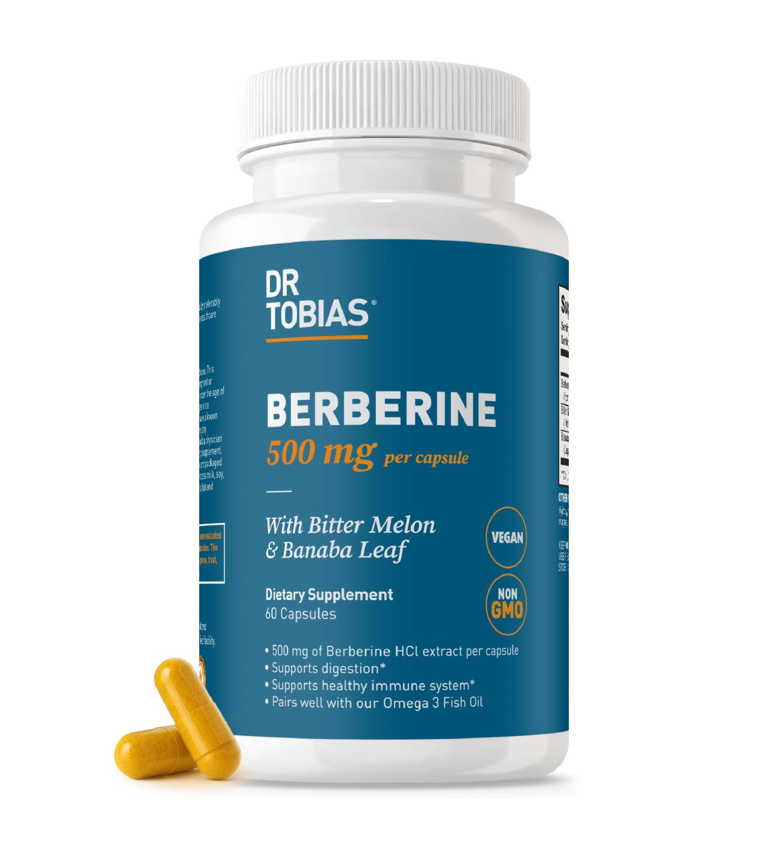 Dr. Tobias Berberine 500mg Berberine Supplement for Women & Men - Gut Health Immune Support Heart Health Supplement with Bitter Melon Banaba Leaf Vegan Non-GMO 60 Capsules - Buy Online on GoSupps.com