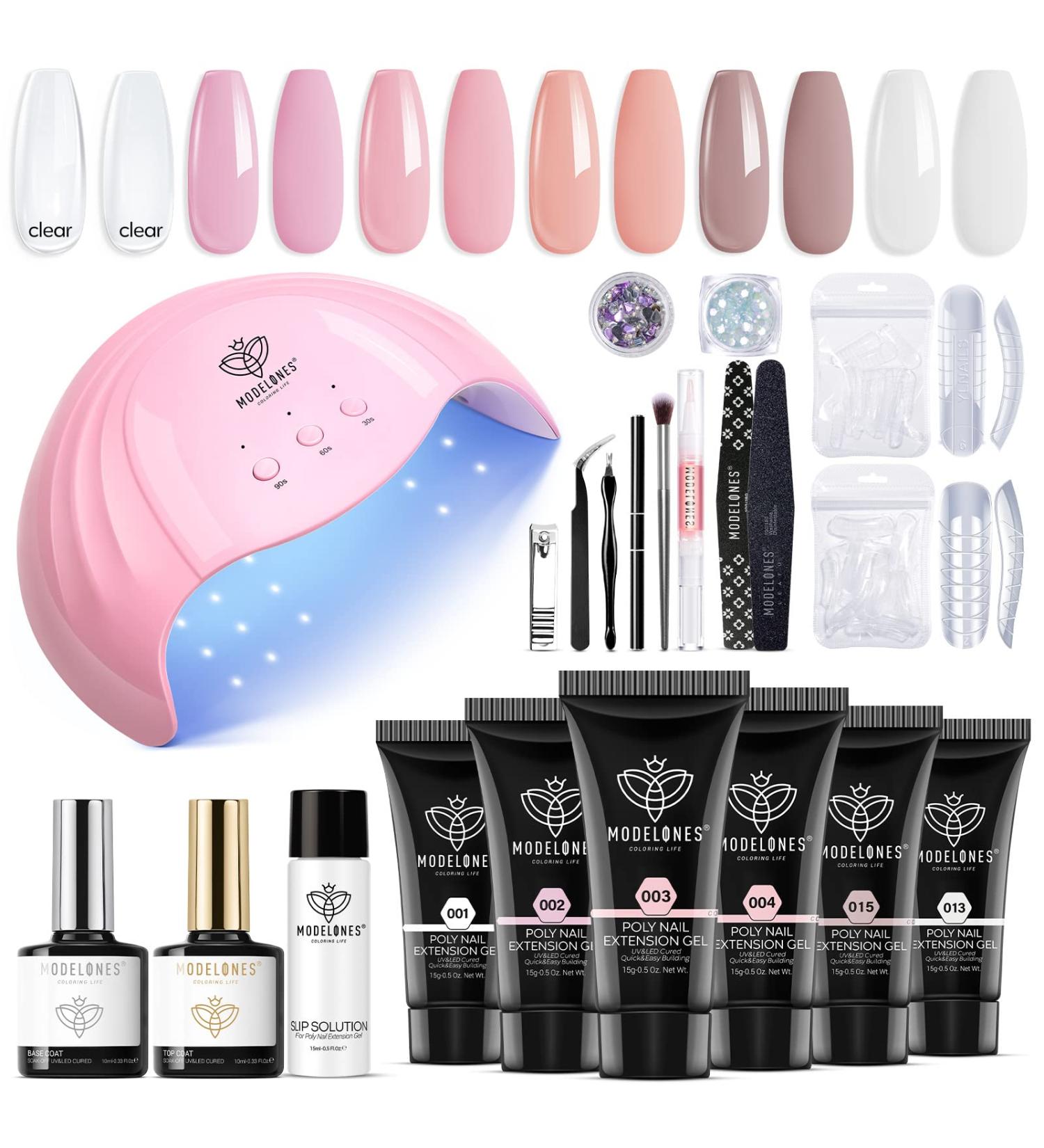 Modelones Poly Nail Gel Kit with 48W LED Nail Lamp - 6 Nude Pink Colors, Slip Solution, Rhinestones, Glitters - Manicure Starter Kit for Women - Buy Online on GoSupps.com