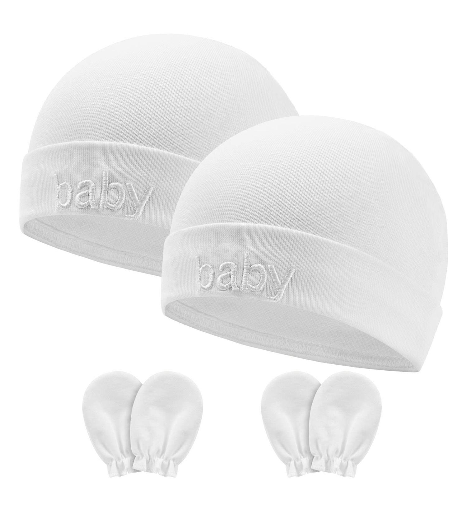 Aolso Newborn Baby Hats Mittens Set - 2pc Baby Caps & 2 Pairs Gloves | White Infant Cotton Set for 0-6 Months - Buy Online on GoSupps.com