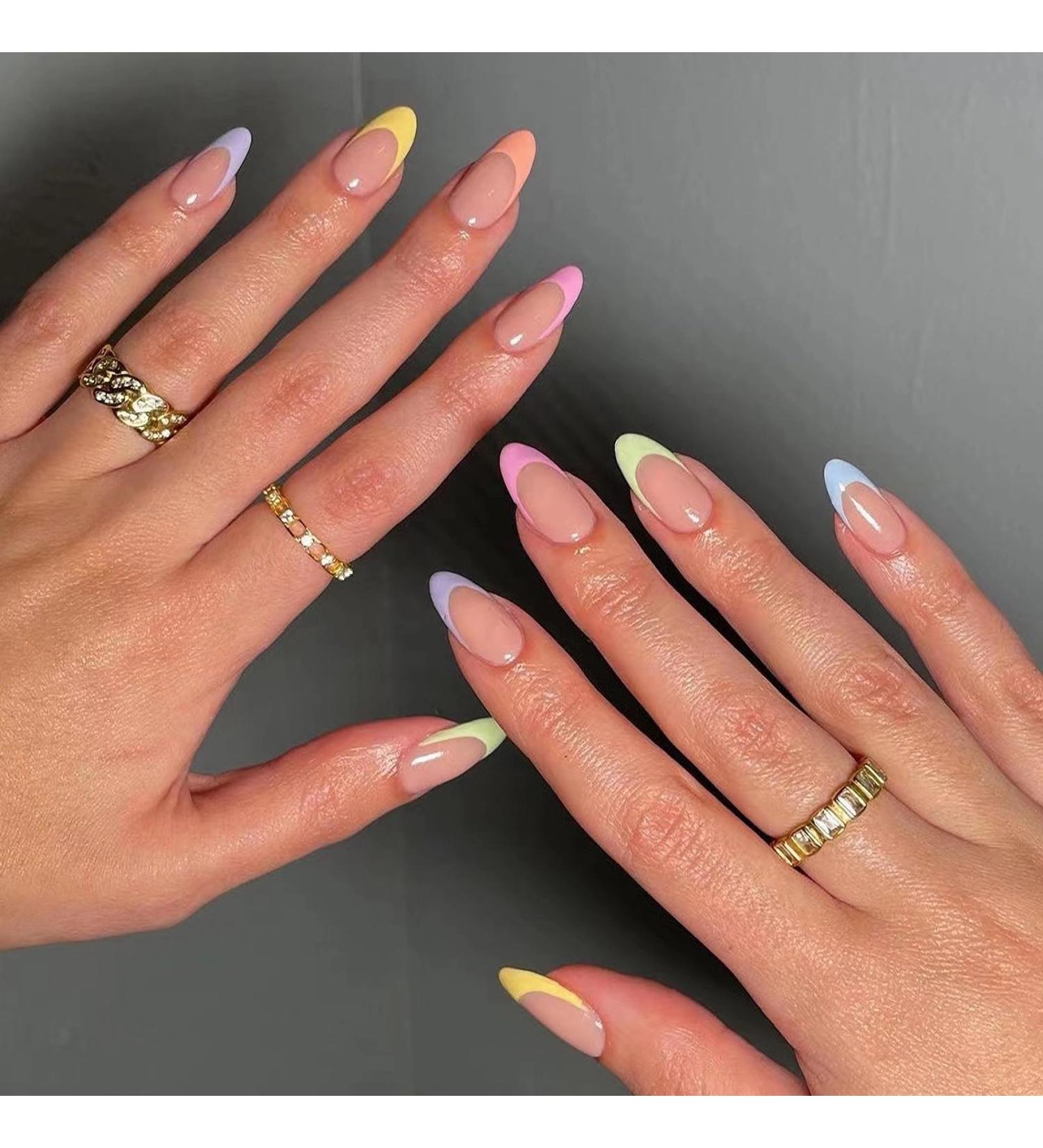 Buy MISUD Short Round Press On Nails - Colorful French Tip Acrylics | 24 Pcs Glossy Summer Artificial Nails - International Shipping Available - Buy Online on GoSupps.com