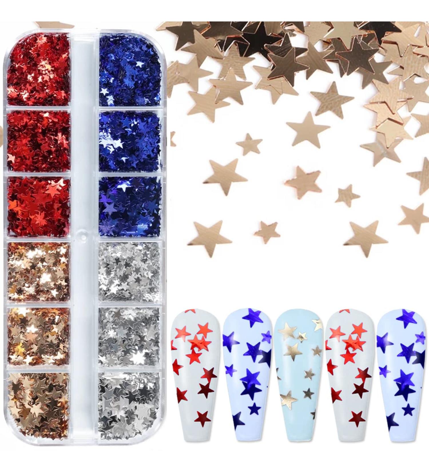12 Grids Holographic Star Nail Glitter Sequins - Red, Blue, Silver, Gold Star Nail Art Stickers for Independence Day Decorations & 4th of July Acrylic Nails - Buy Online on GoSupps.com
