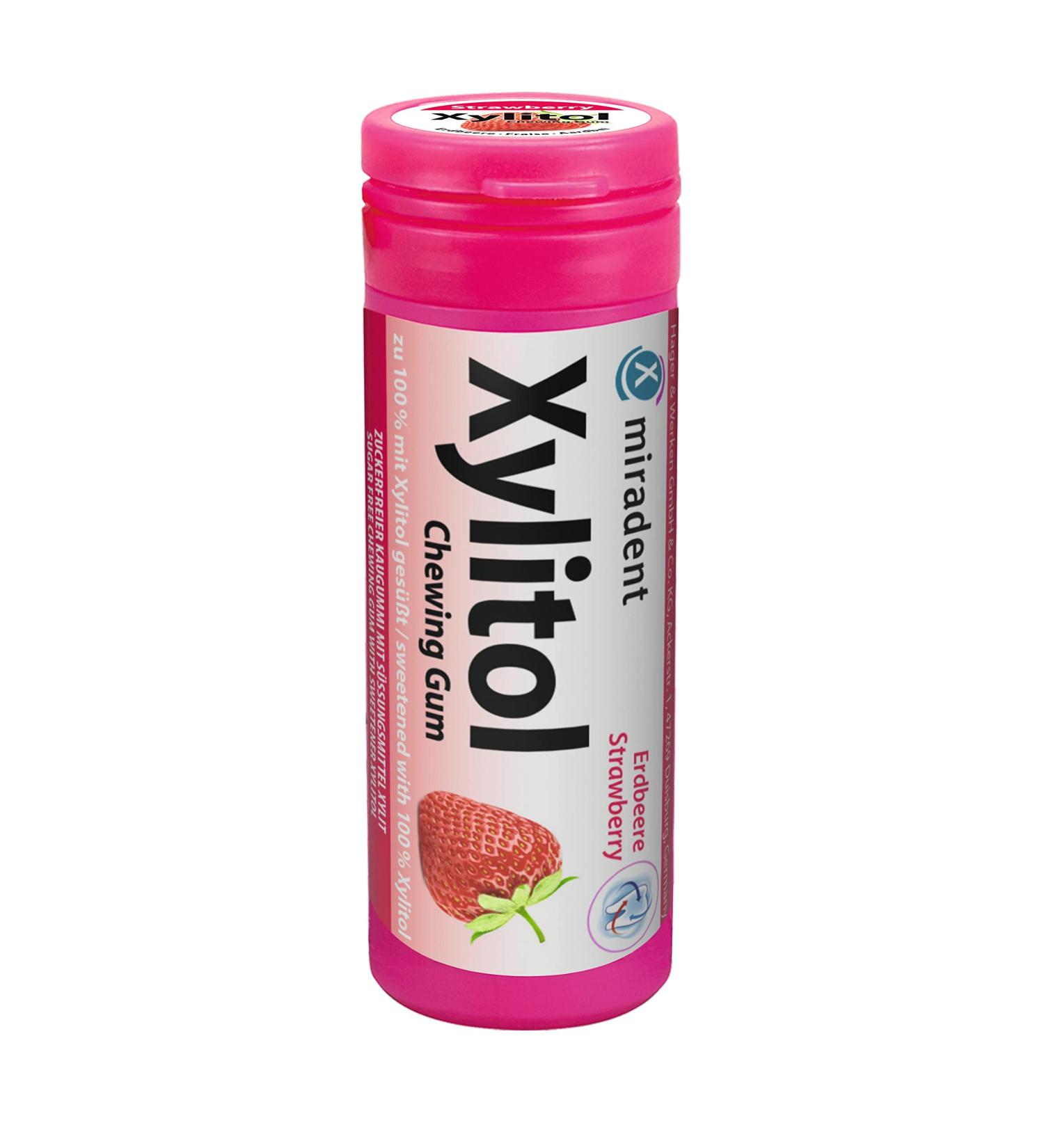 Miradent Xylitol Children's Dental Gum - Sugar-Free Vegan Strawberry | 30 Pieces | Caries Prevention & Plaque-Resistant | Aspartame & Sorbitol Free - Buy Online on GoSupps.com