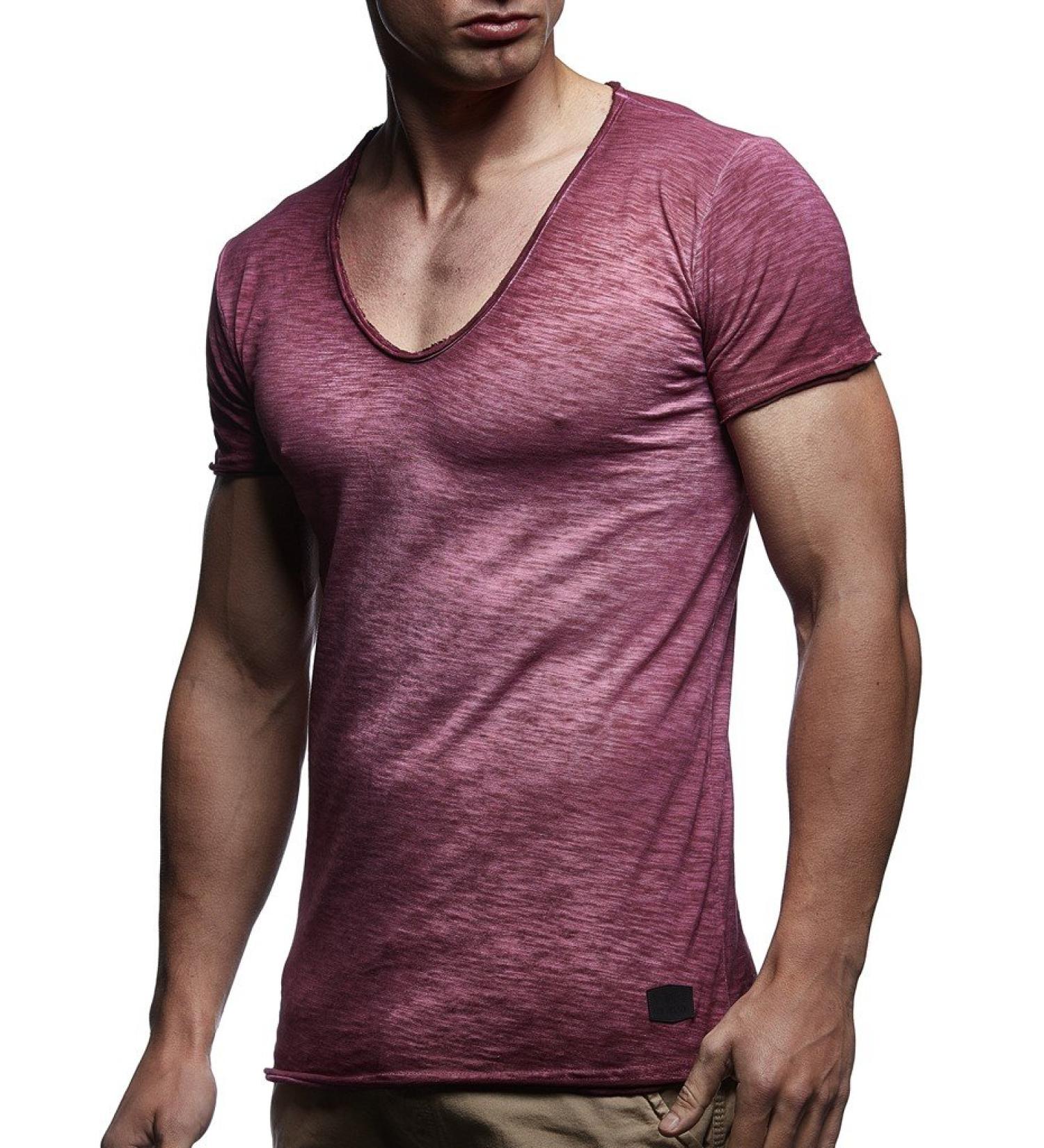 Leif Nelson Men's Summer V-Neck T-Shirt - Slim Fit Cotton Hoodie Sweatshirt - Modern Style LN6280-1 Veil Bordeaux Medium - International Shipping Available - Buy Online on GoSupps.com