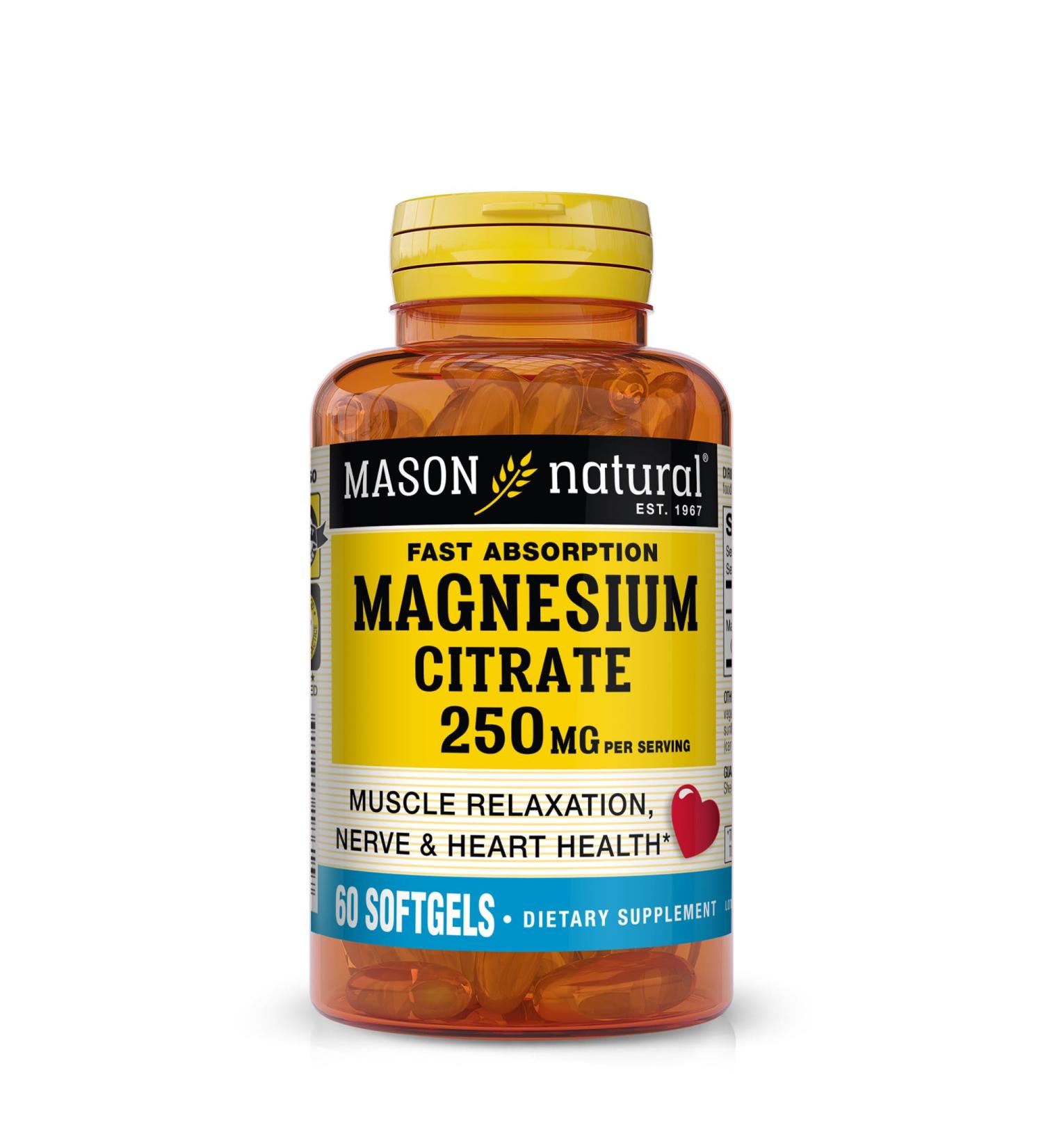 Mason Natural Magnesium Citrate 250 mg Mineral Supplement for Men and Women Fast Absorption 30-Day Supply 60 Softgels (Pack of 1) 60 Count (Pack of 1) - Buy Online on GoSupps.com