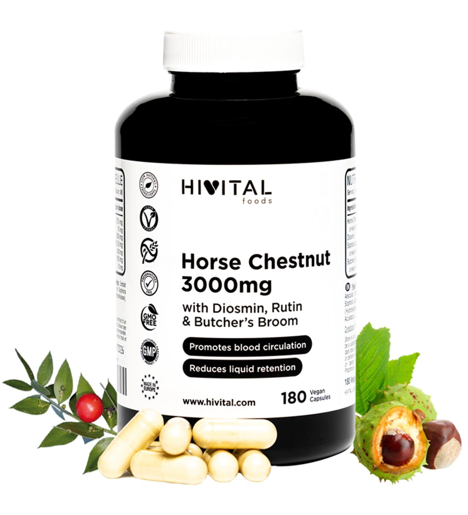Horse Brown 3000 mg. 180 vegan capsules for 3 months. Natural extract of 20% Aescin with Diosmin Rutin and Rusco. For circulation varicose veins edema and water retention. - Buy Online on GoSupps.com
