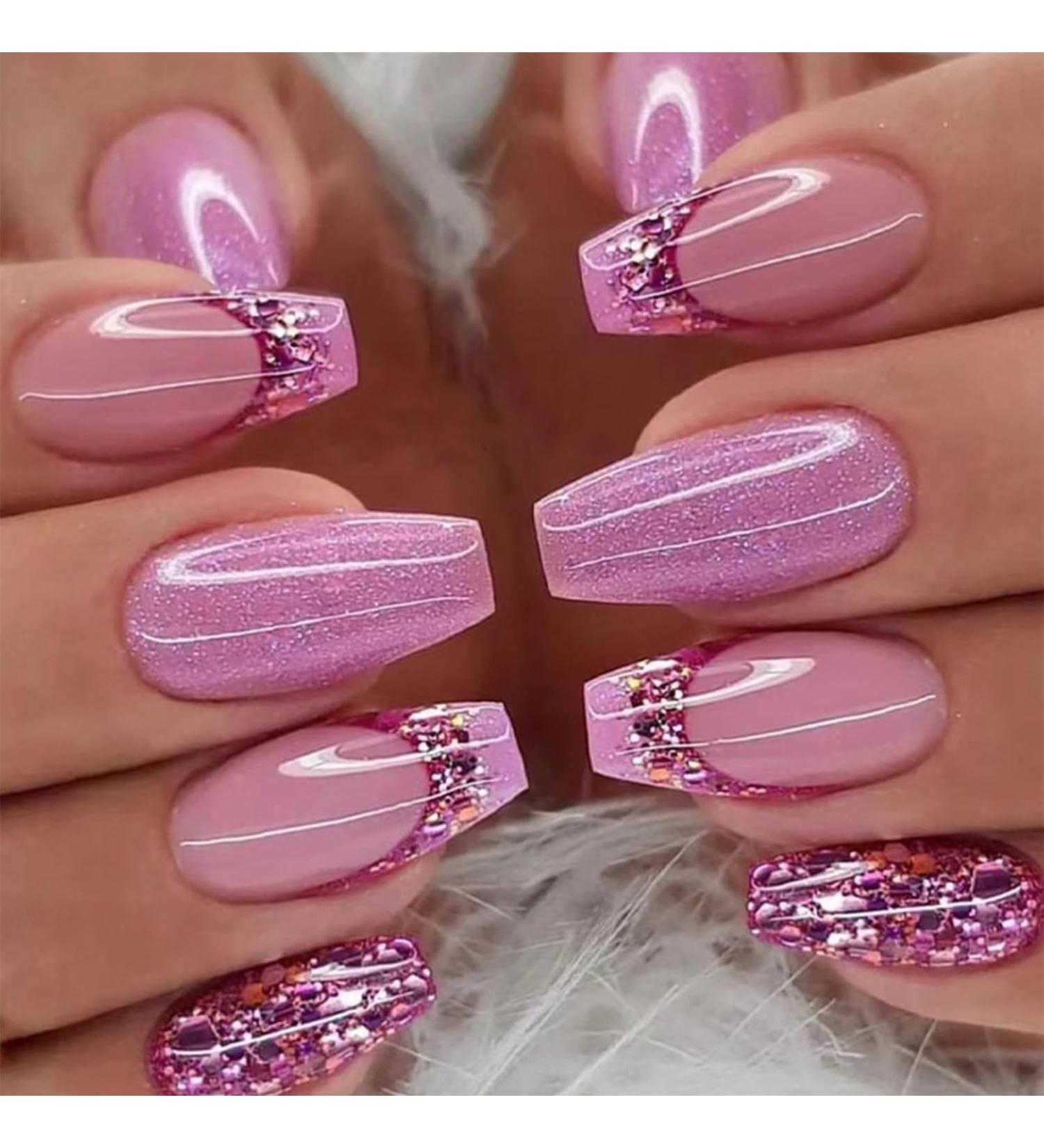 24pcs Short Coffin French Tip False Nails | Pink Purple Glitter Press On Nails | Removable Glue-On Nails | Full Cover Fake Nails - Nail Art Accessories - Buy Online on GoSupps.com