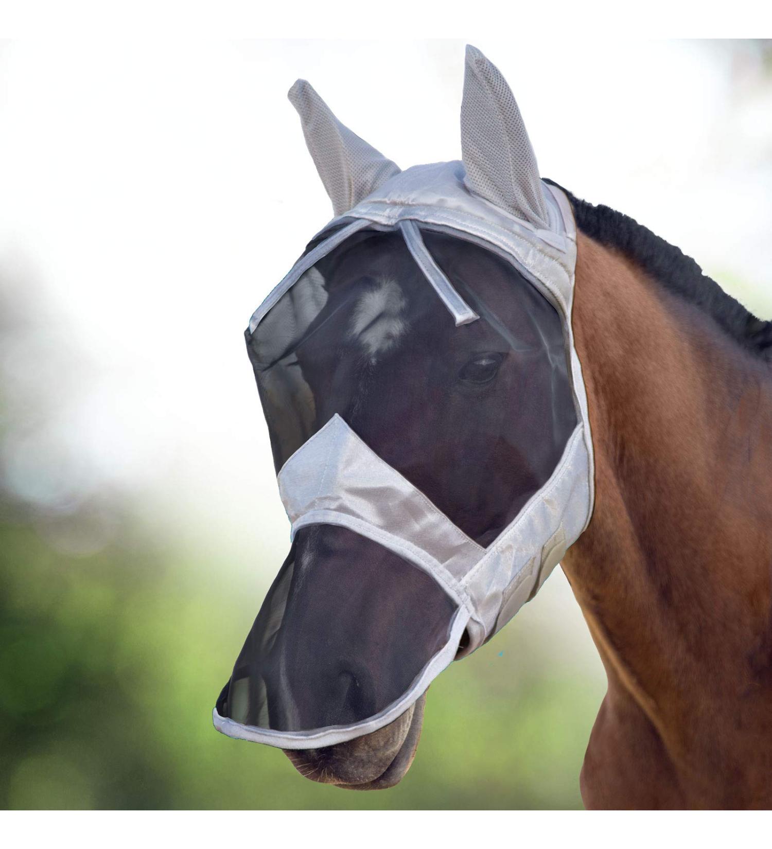 Harrison Howard CareMaster Horse Fly Mask Long Nose with Ears Full Face - Silver/Black Retro - Large Size - Buy Online on GoSupps.com