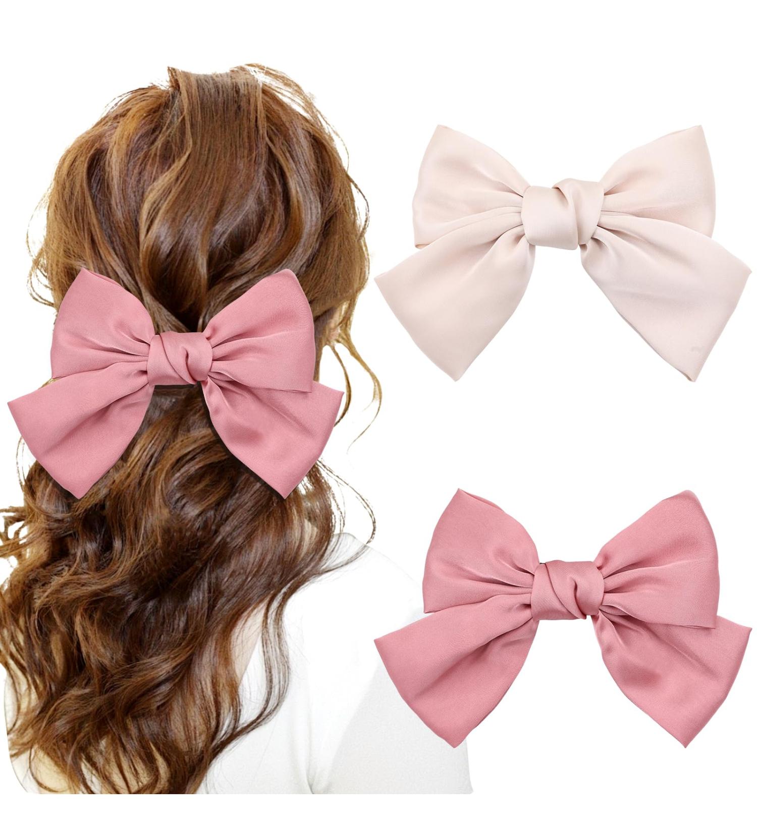 Yoosit 2 Colors 8 Inch Large Bowknot Satin Hair Bows French Barrettes Hair Clips Ponytail Holder Hair Bow Ribbon Accessories for Women Girls (champagne and watermelon red hair bows) - Buy Online on GoSupps.com