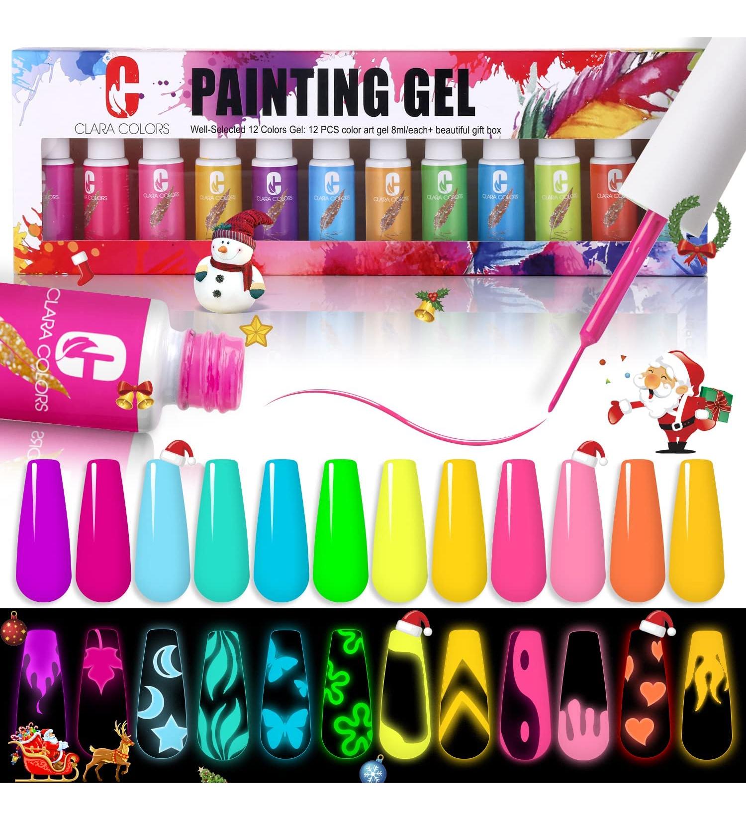 Clara Colors Gel Polish Nail Art Liner Set - 12 Glow In The Dark Neon Colors for Luminous Nail Art | Thin Brush for Swirl Design | Soak-off Formula - Buy Online on GoSupps.com