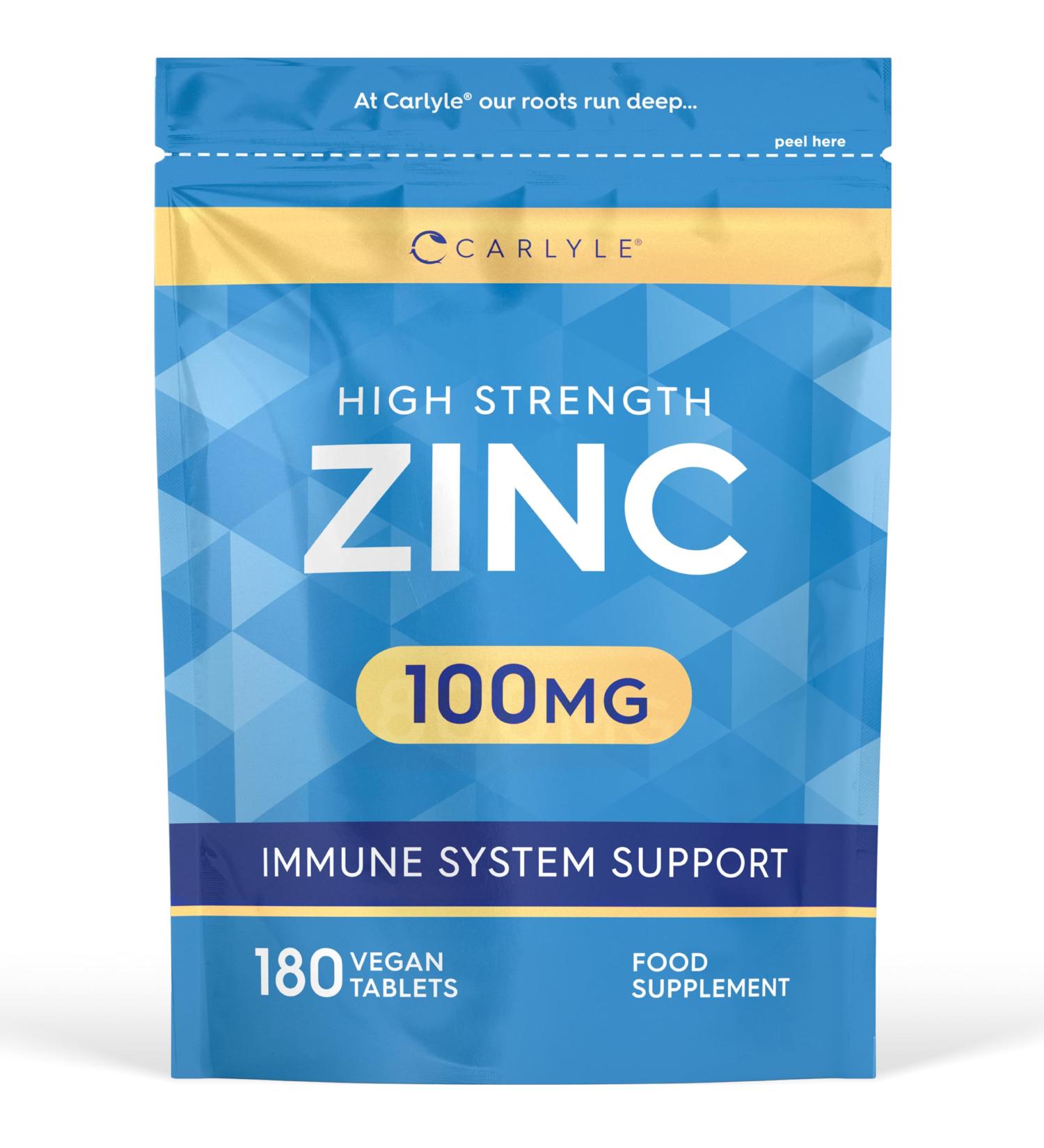 Zinc Supplements 100mg | High Strength Zinc Tablets | 180 Count | Suitable for Vegetarians & Vegans | Carlyle - Buy Online on GoSupps.com