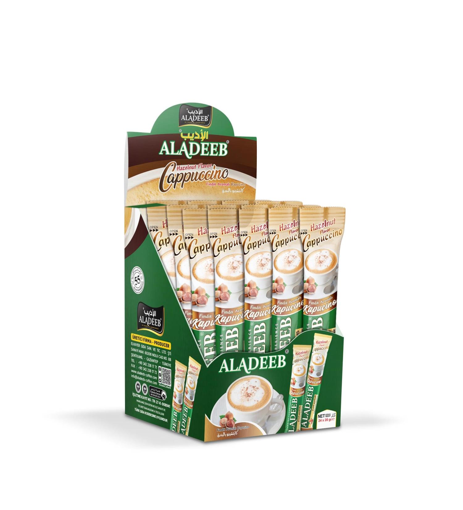ALADEEB Cappuccino en Poudre Ar me Noisette Boisson Instantan e Premium 24 Sachets x 20g 480g Total