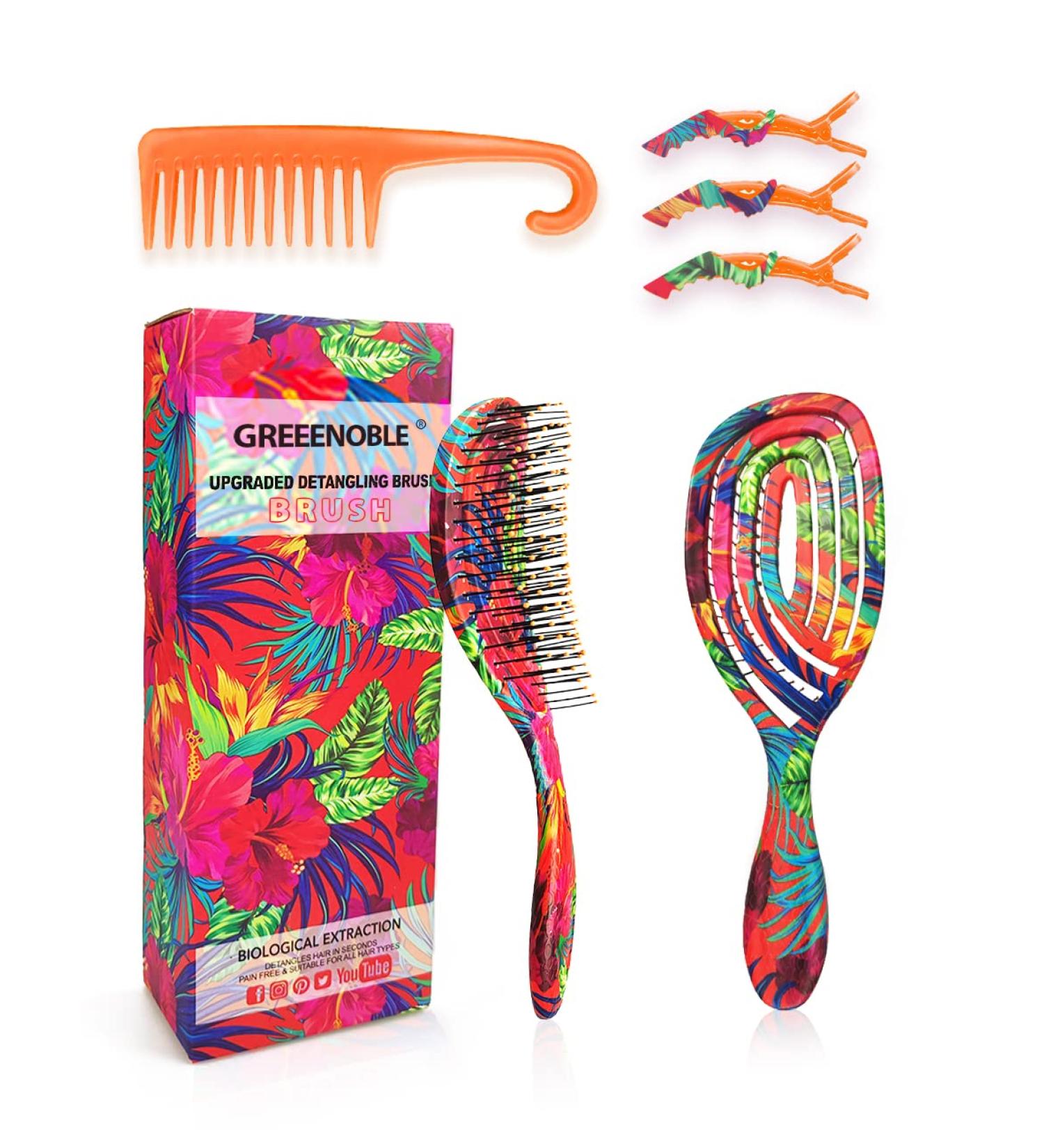 Vented Hair Detangling Brush with Wide Tooth Comb for Women & Kids - Wet/Dry/Curly - Minimize Breakage & Split-Ends - Includes 3 Styling Clips (Tropical Leaves) - Buy Online on GoSupps.com