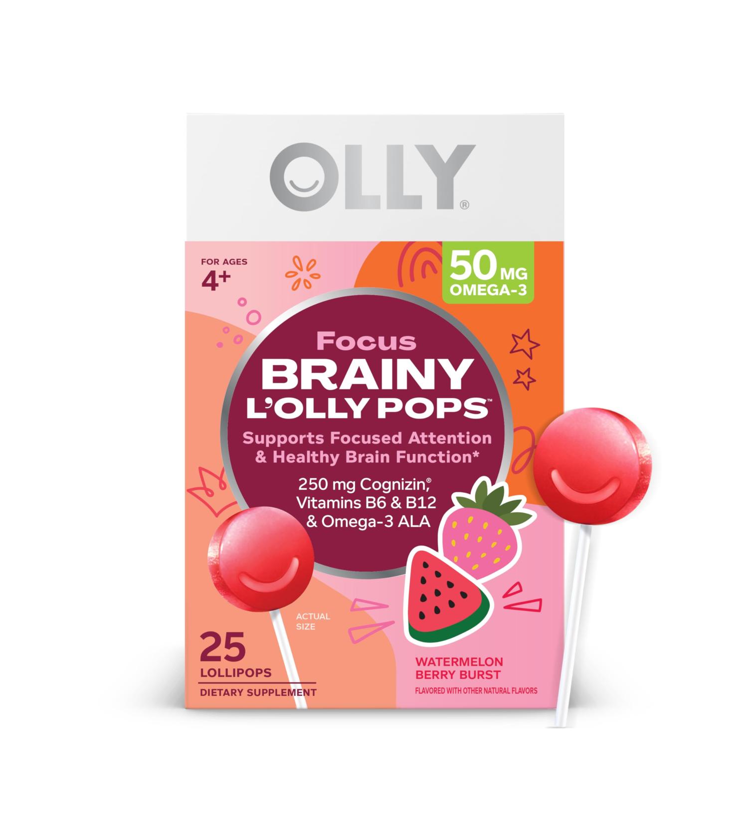 OLLY Focus Buddies L OLLY Pops Cognizin Vitamins B6 and B12 Omega-3 ALA Supports Focused Attention and Healthy Brain Function * Kids 4+ Dietary Supplement Watermelon Strawberry Flavored 25 Count - Buy Online on GoSupps.com